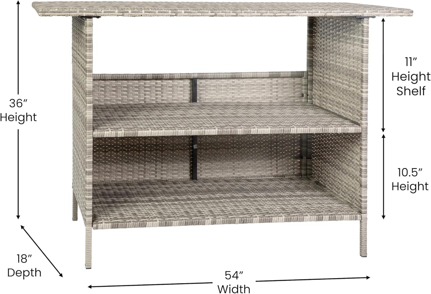 Flash Furniture Marco Indoor/Outdoor Patio Wicker Rattan Bar Counter Table with 2 Shelves, Gray
