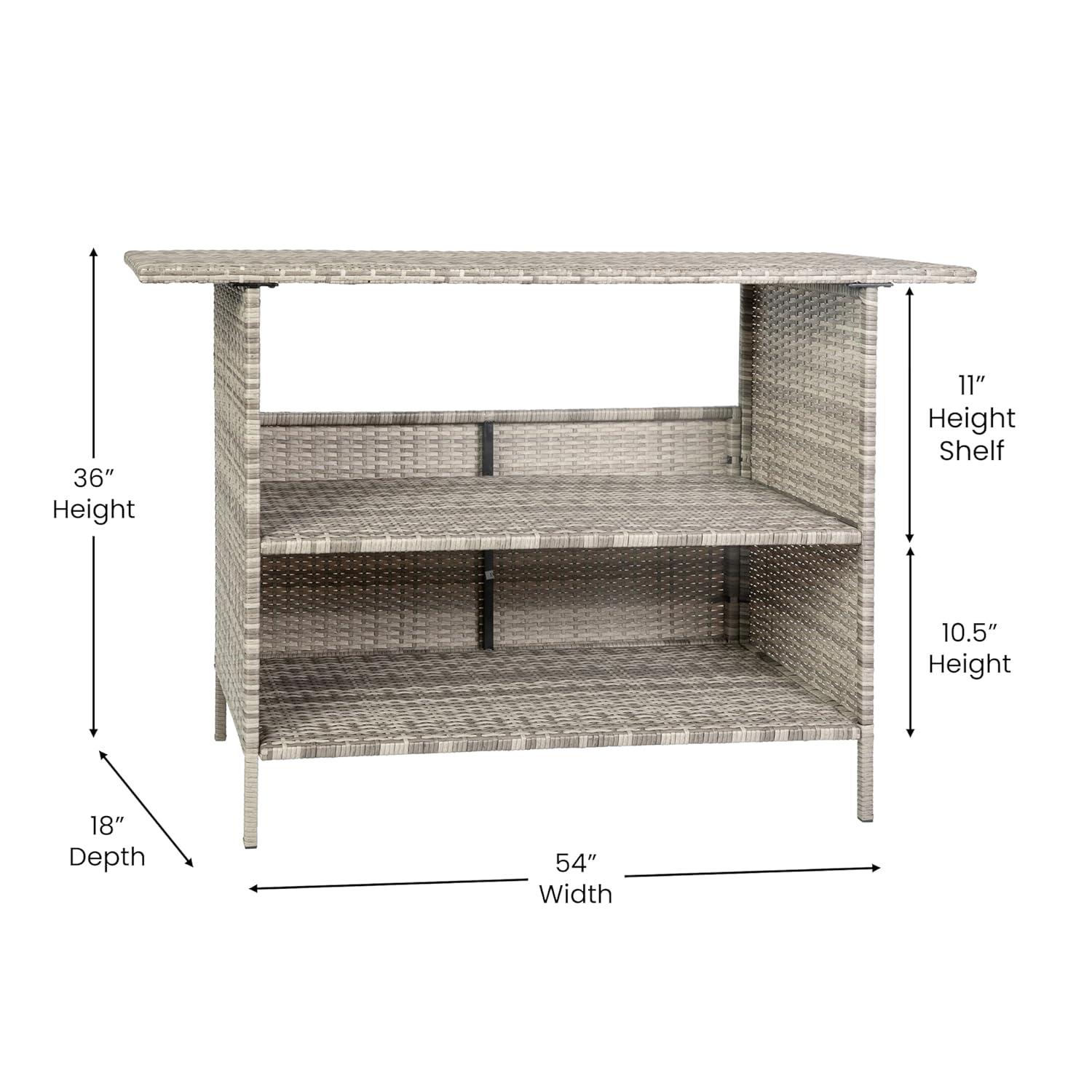 Flash Furniture Marco Indoor/Outdoor Patio Wicker Rattan Bar Counter Table with 2 Shelves, Gray