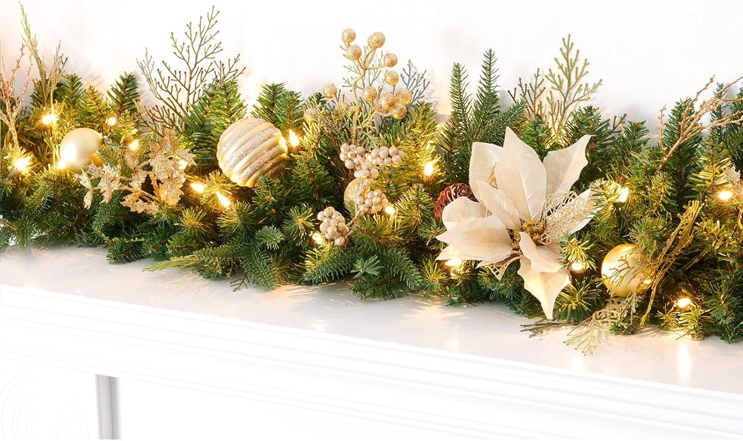 9FT Pre-Lit Christmas Garland with Gold Berries, Balls, Pine Cones, and Golden Flowers