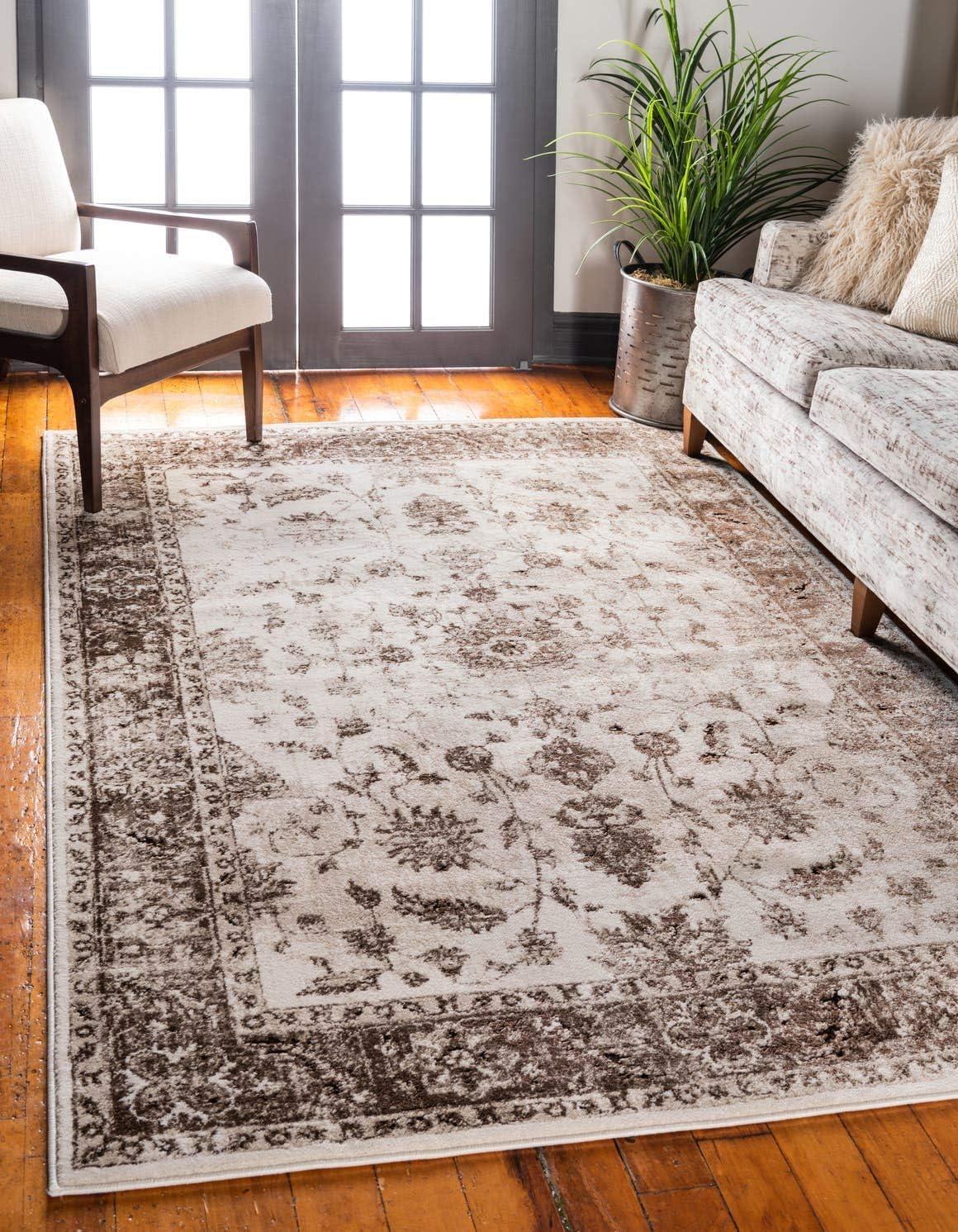 Ivory and Brown Synthetic Stain-Resistant Rectangular Area Rug