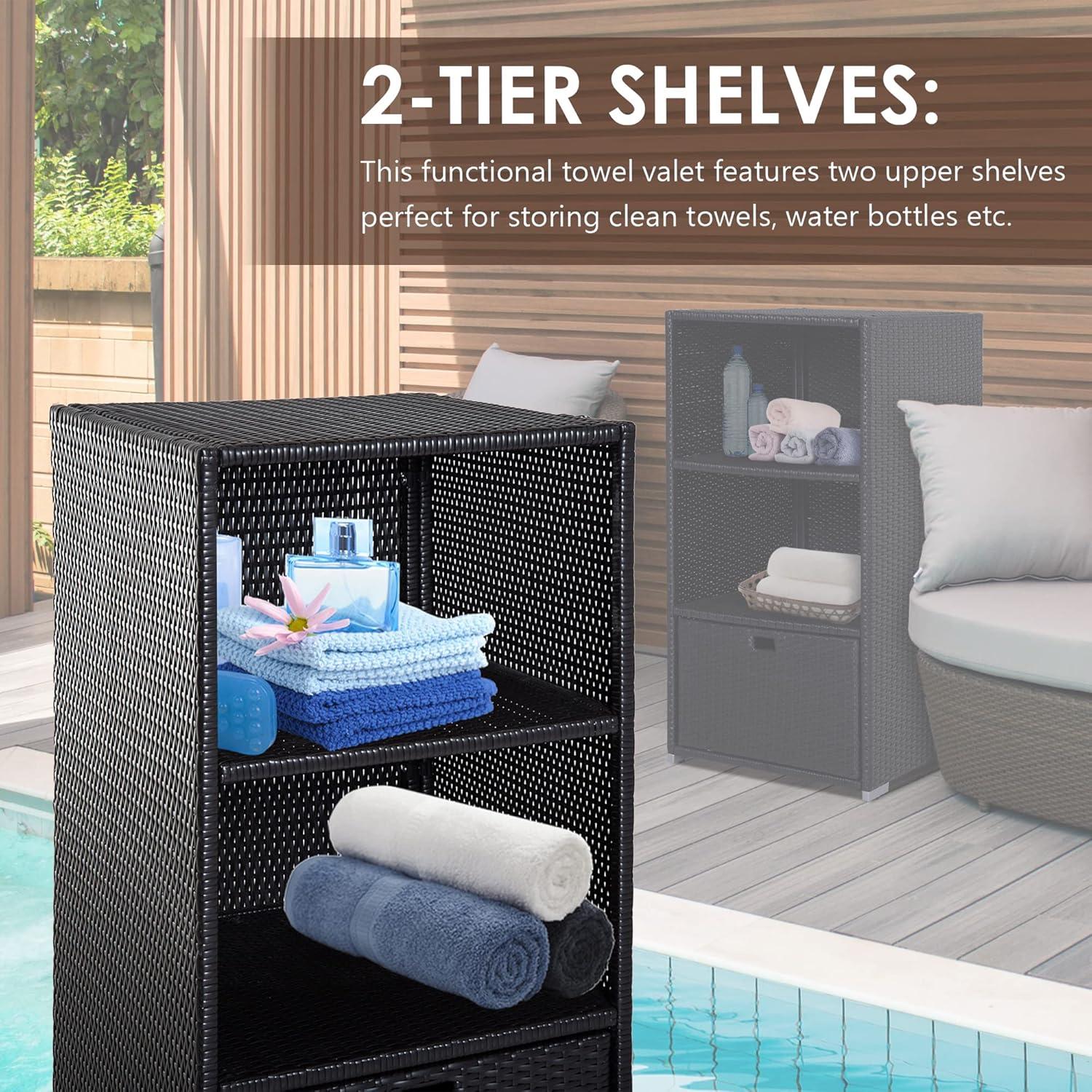 Tryimagine Outsunny Valet Pool Towel Rack, Waterproof PE Plastic Rattan Wicker Storage Organizer, Indoor Outdoor Spa, And Hot Tub Accessory Storage, 2 Shelves, 1 Basket Drawer