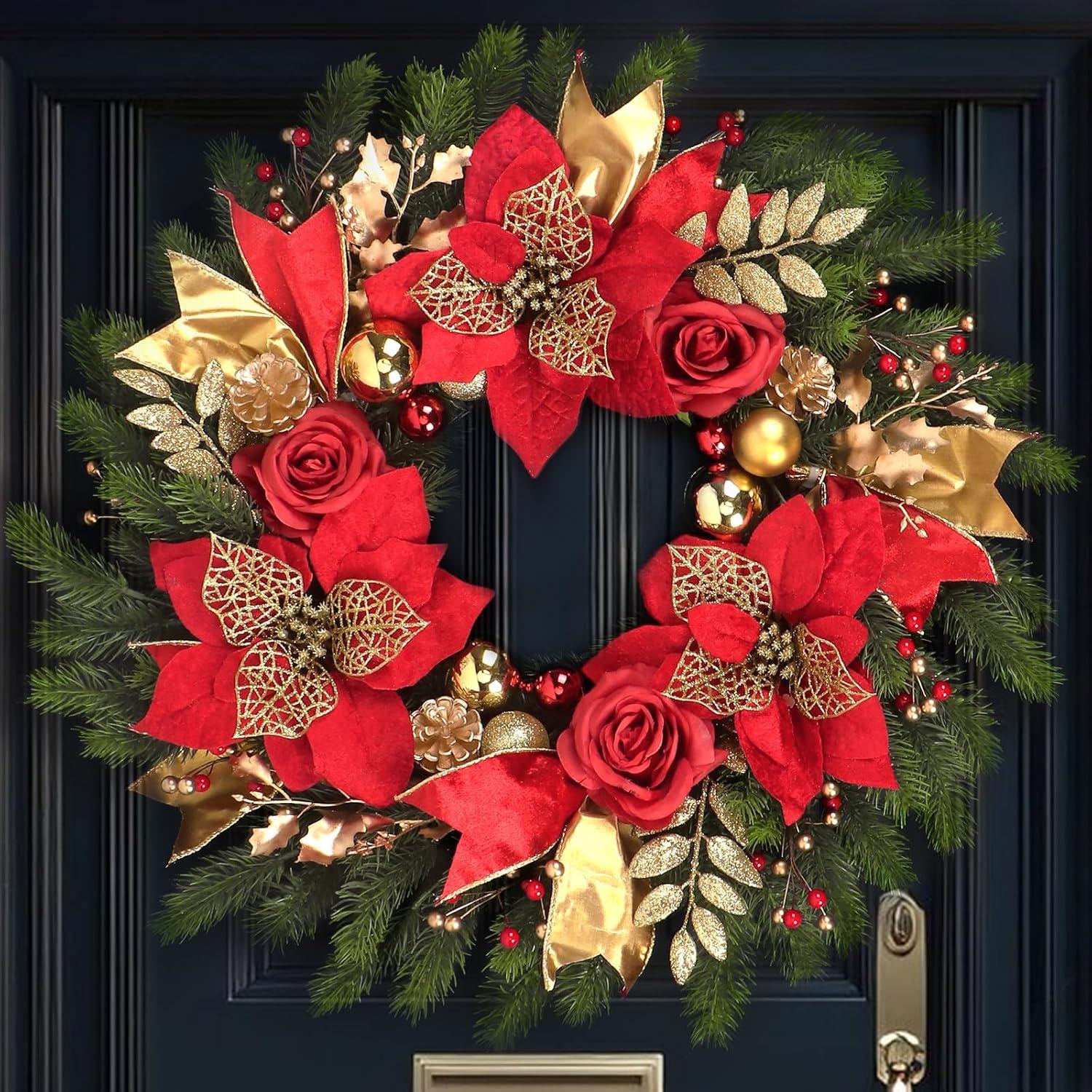 Wreaths for Front Door,Winter Wreaths for Indoor and Outdoor Decorations,Door Wreath with Red Flowers and Golden Ball,Pine Cones,Leaves,Ribbons,Berries for Decor