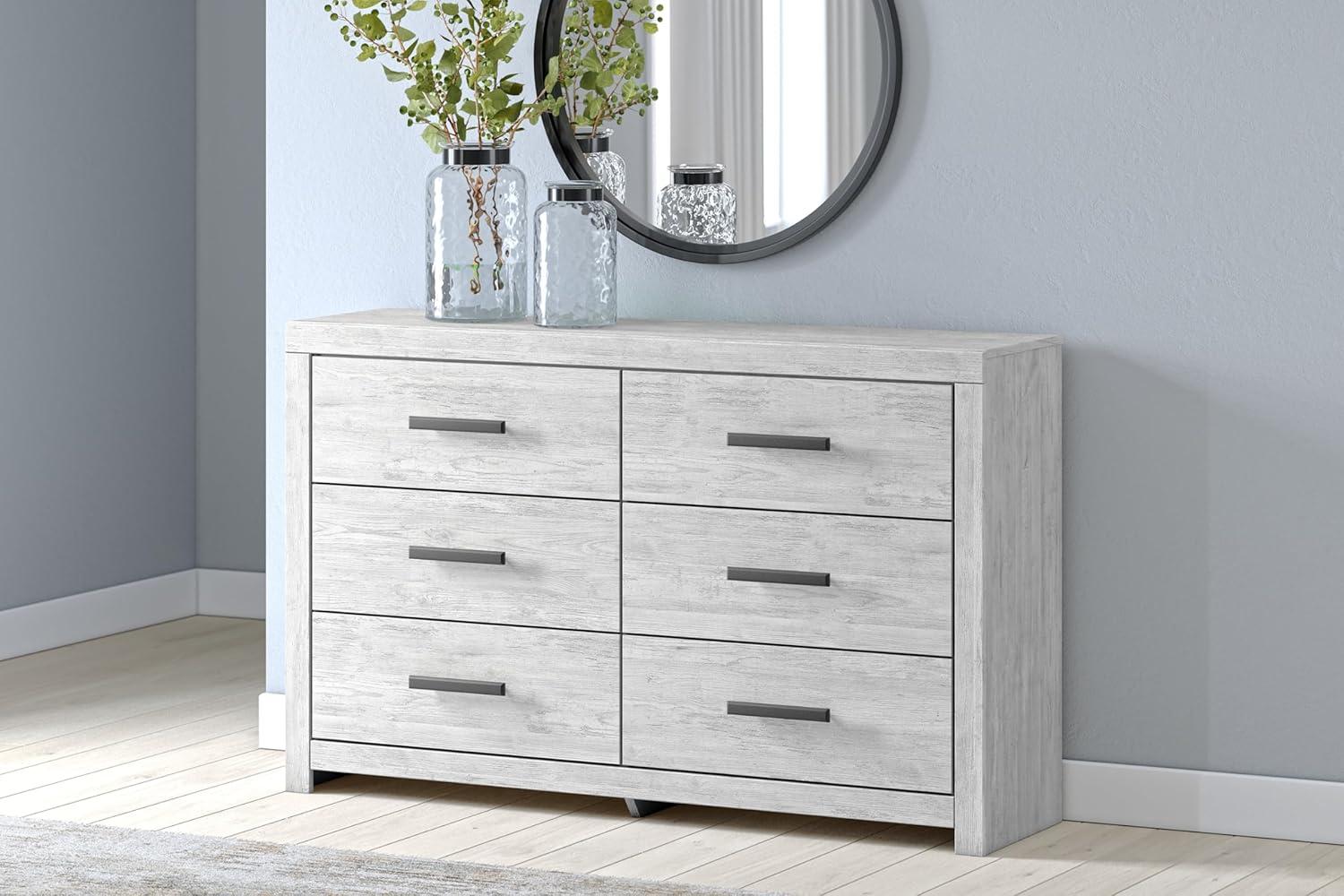 Whitewash Transitional 6-Drawer Dresser with Black Handles