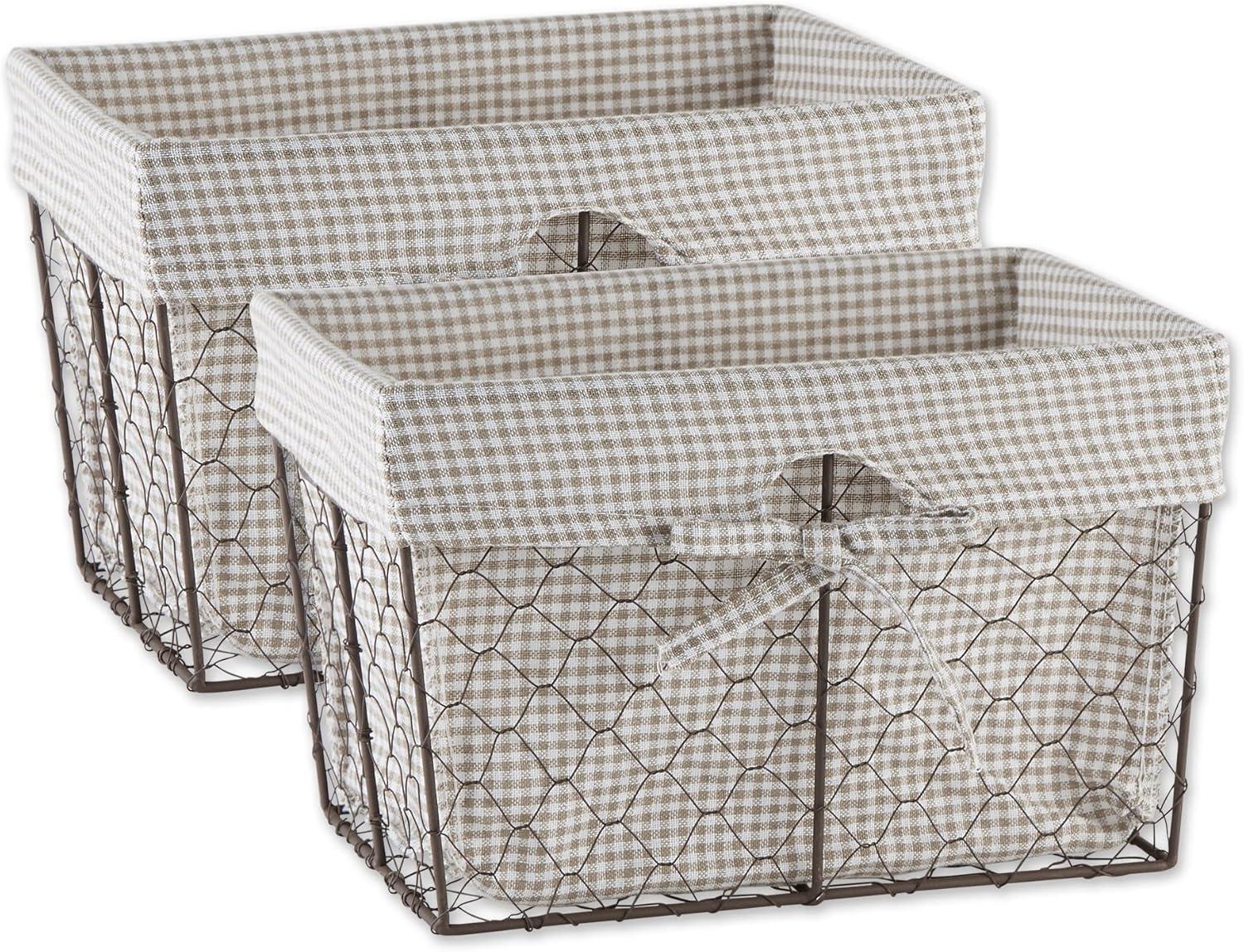 Medium Rustic Stone Gingham Wire Storage Baskets with Liners