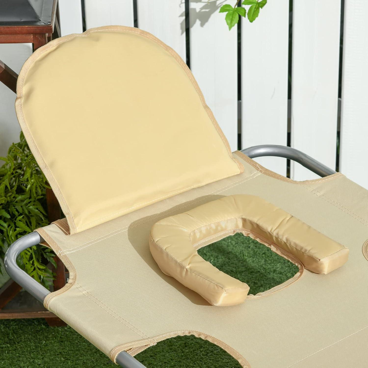 Outsunny Folding Beach Lounge Chair with Face Hole and Arm Slots, 5-Level Adjustable Sun Lounger Tanning Chair with Pillow for Patio, Garden, Beach, Pool, Beige