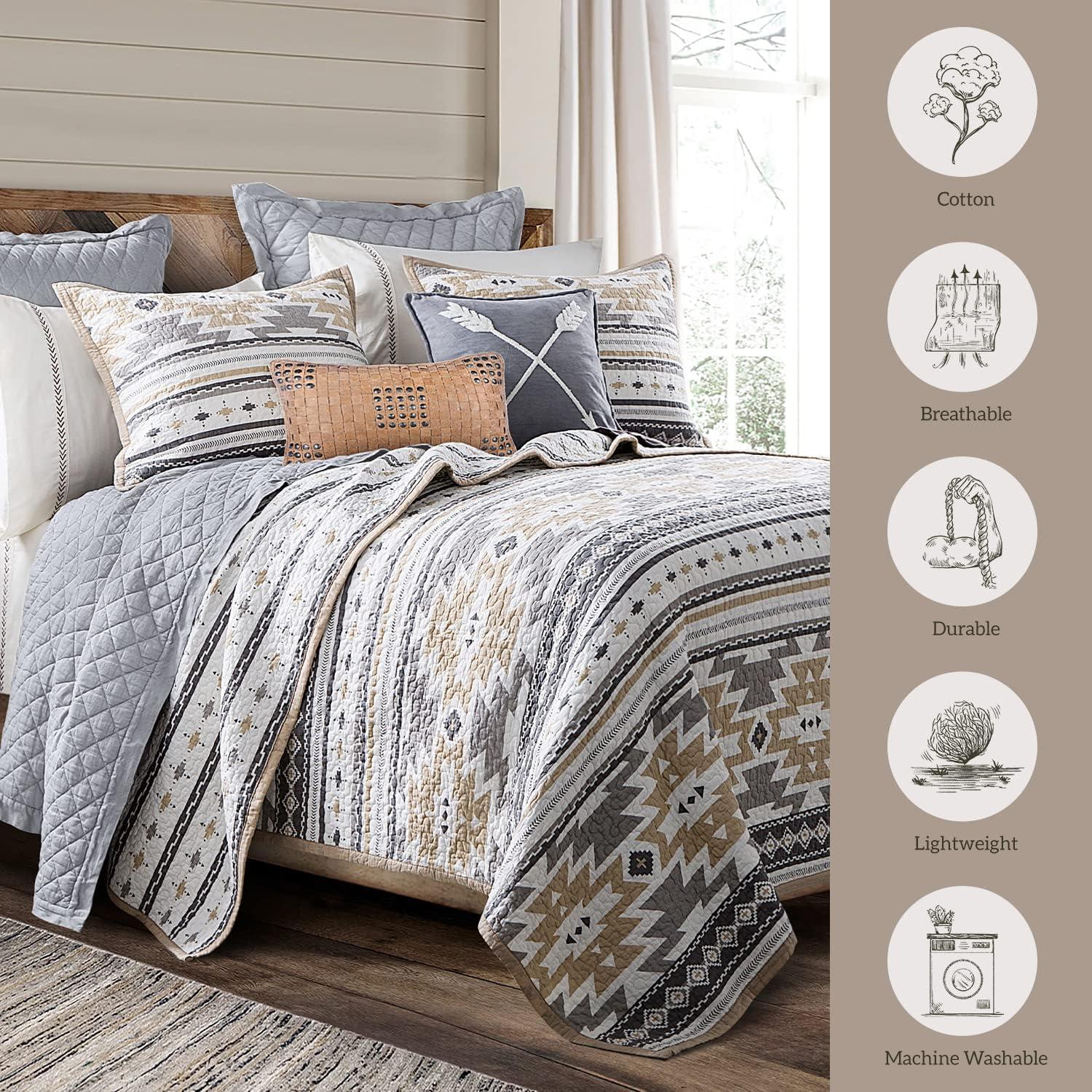 Desert Sage Gray/Tan/White Aztec Print Cotton Southwestern Style Reversible Quilt Set