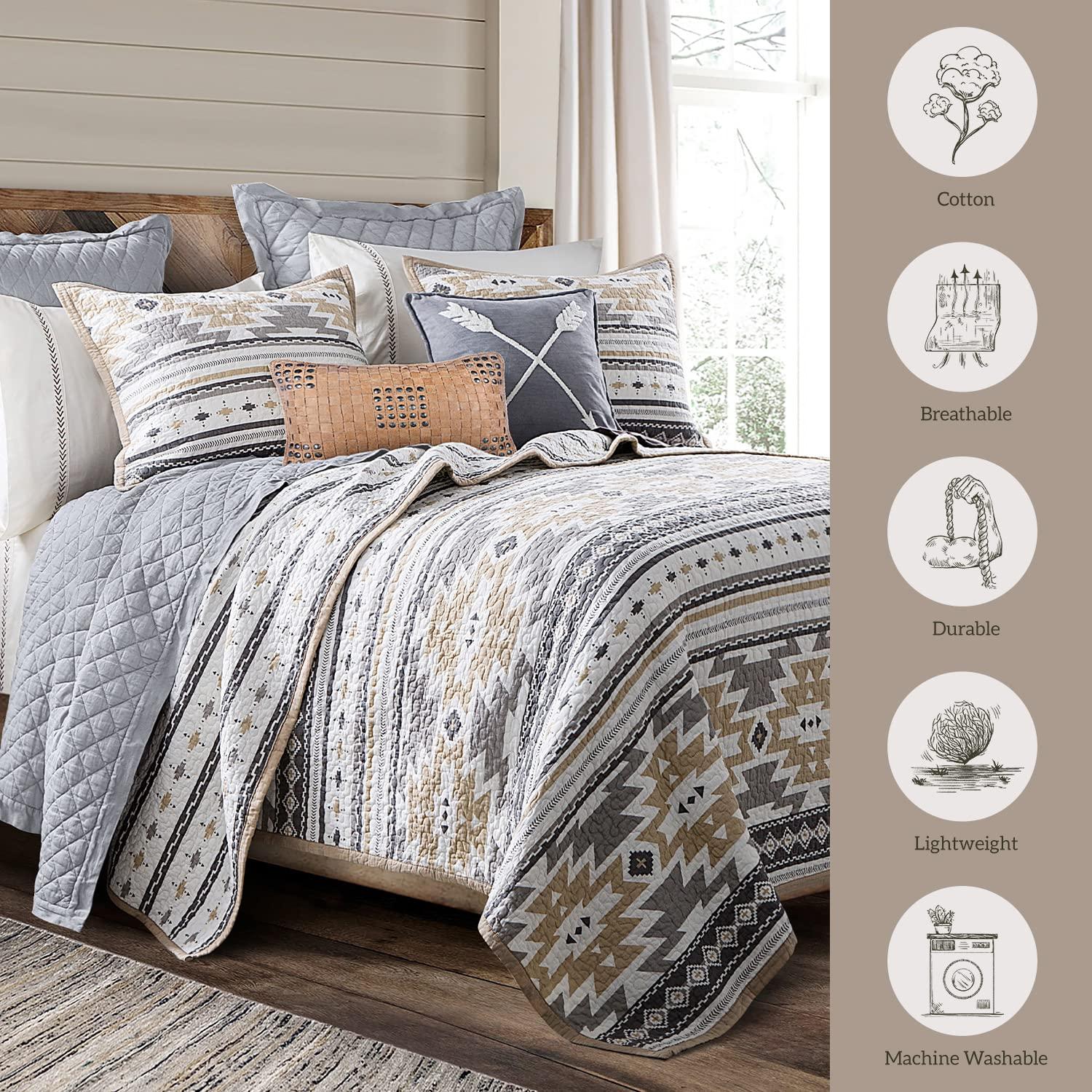 Paseo Road by HiEnd Accents Desert Sage Gray/Tan/White Aztec Print Cotton Southwestern Style Reversible Quilt Set