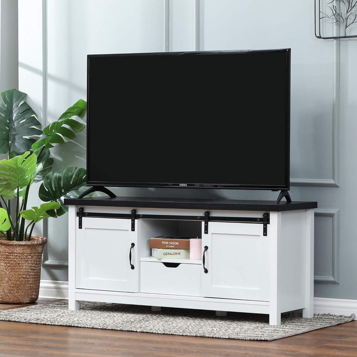 LuxenHome Modern Farmhouse White with Dark Brown 47.3" Wide TV Stand for TVs Up To 55-Inch