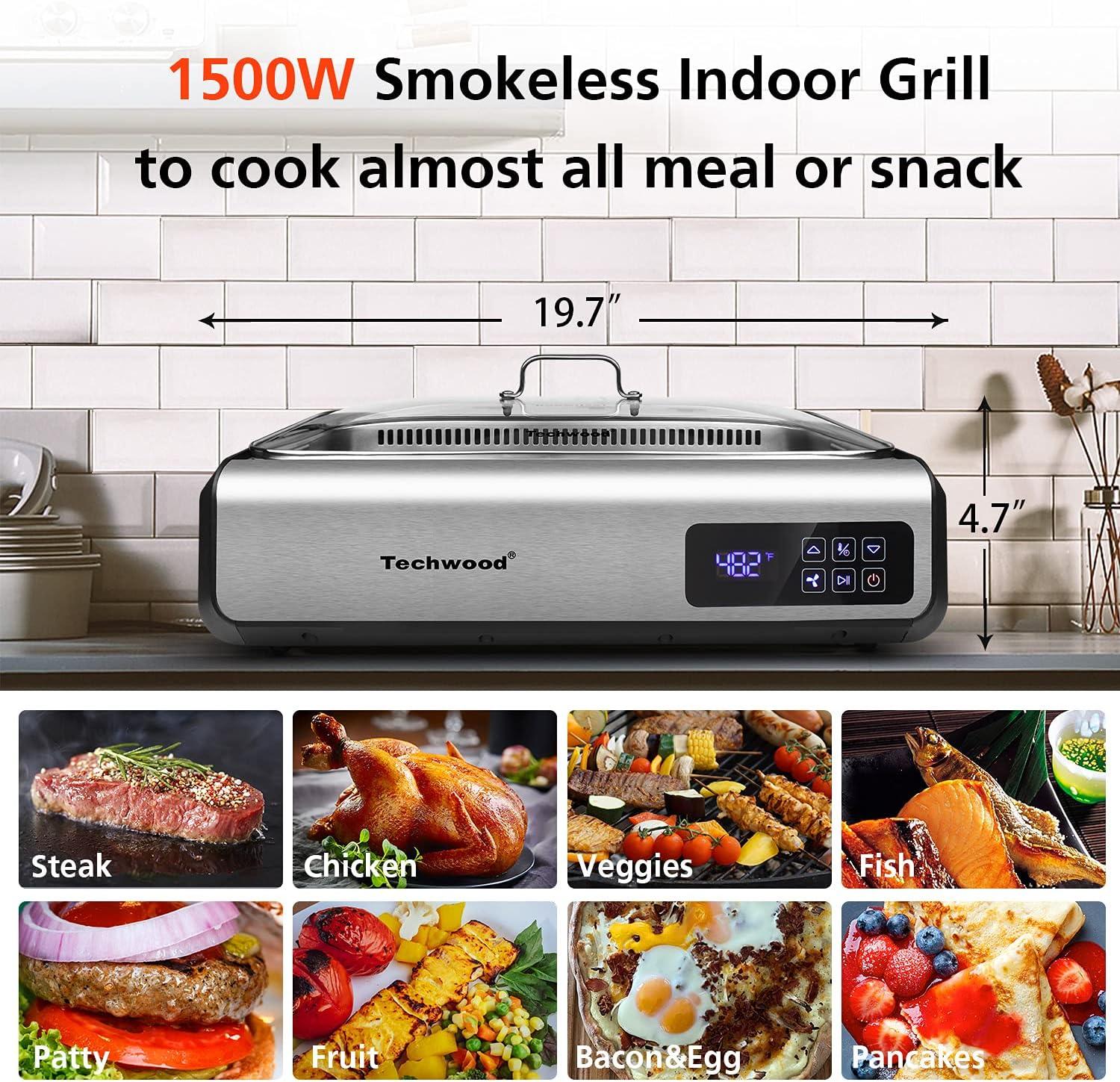 Indoor Smokeless Grill Techwood 1500W Tempered Glass Lid & LED Smart Control Panel, 8-Level Control Korean BBQ with Removable Grill Plate, Stainless Steel (Silver)