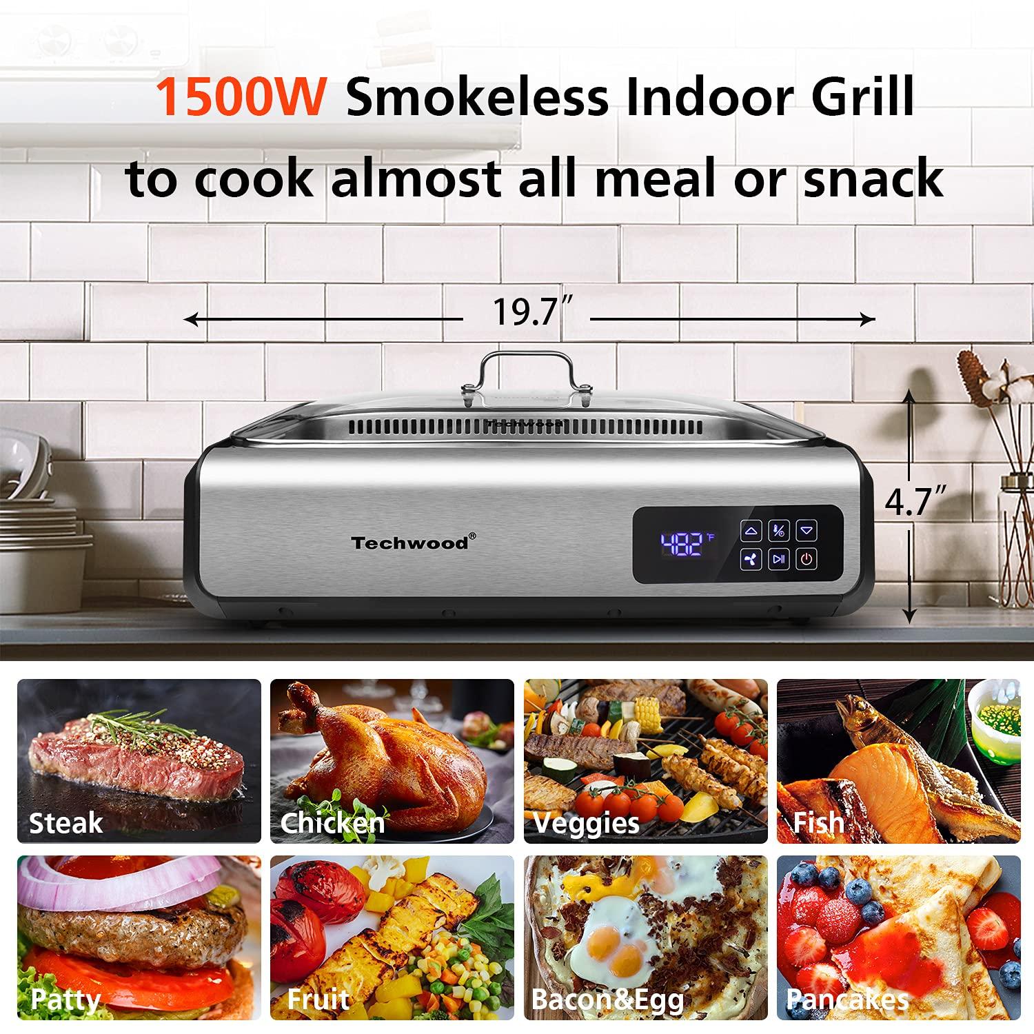 Indoor Smokeless Grill Techwood 1500W Tempered Glass Lid & LED Smart Control Panel, 8-Level Control Korean BBQ with Removable Grill Plate, Stainless Steel (Silver)