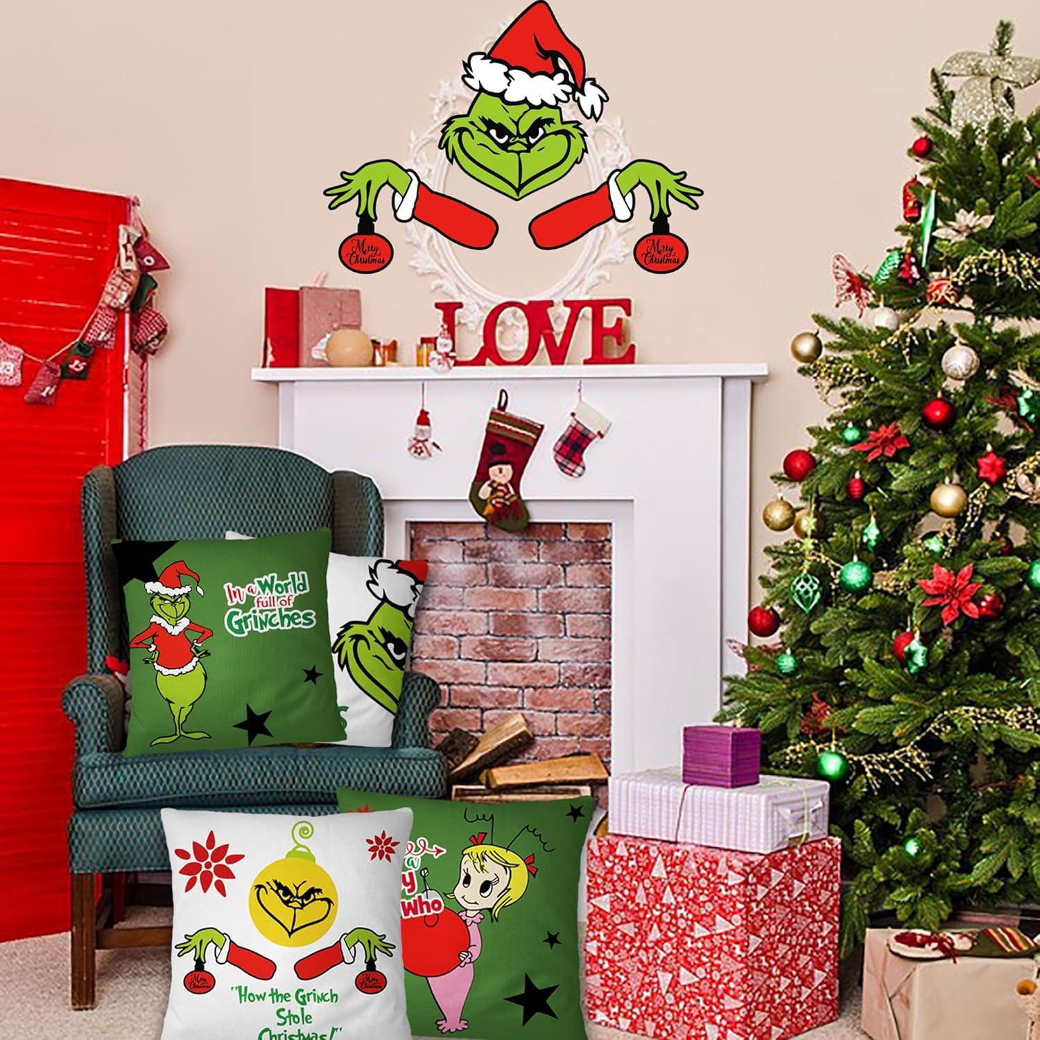 Christmas Grlnch Pillow Covers 18x18 Inch for Christmas Decorations Throw Pillow Case Green and Red Stripe Farmhouse Merry Winter Holiday Home Decor Sofa Cushion Set of 4