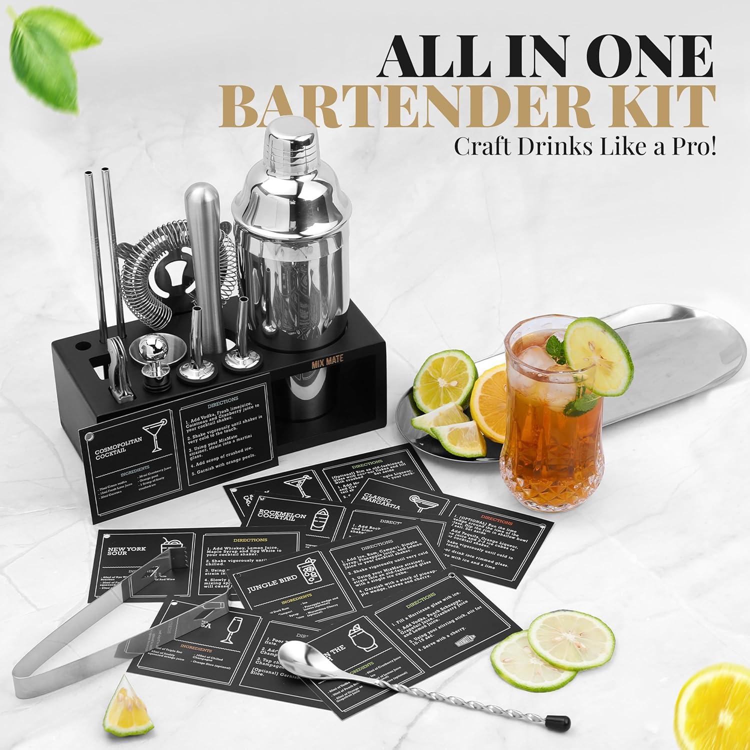 Black Stainless Steel 15-Piece Cocktail Shaker Set with Wood Stand