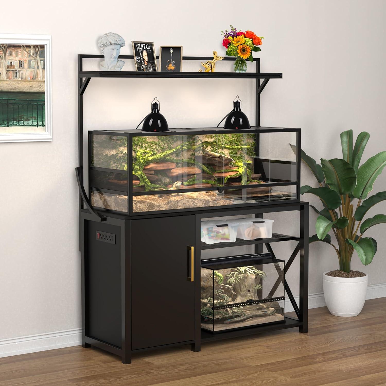 Black Metal 55-75 Gallon Aquarium Stand with Cabinet and Power Outlet