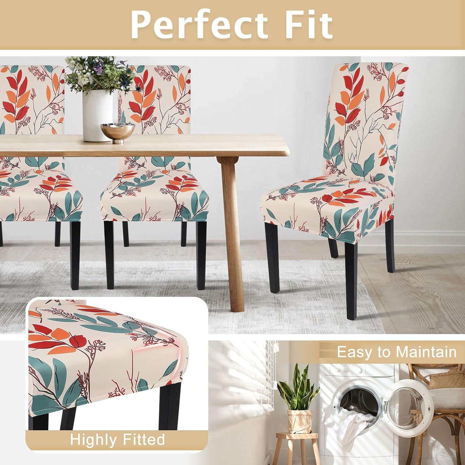 Chair Covers Slipcovers Set of 4, Spandex Super Fit Stretch Removable Washable Kitchen Parsons Protector for Dining Room,Hotel,Ceremony,Beige+Flowers