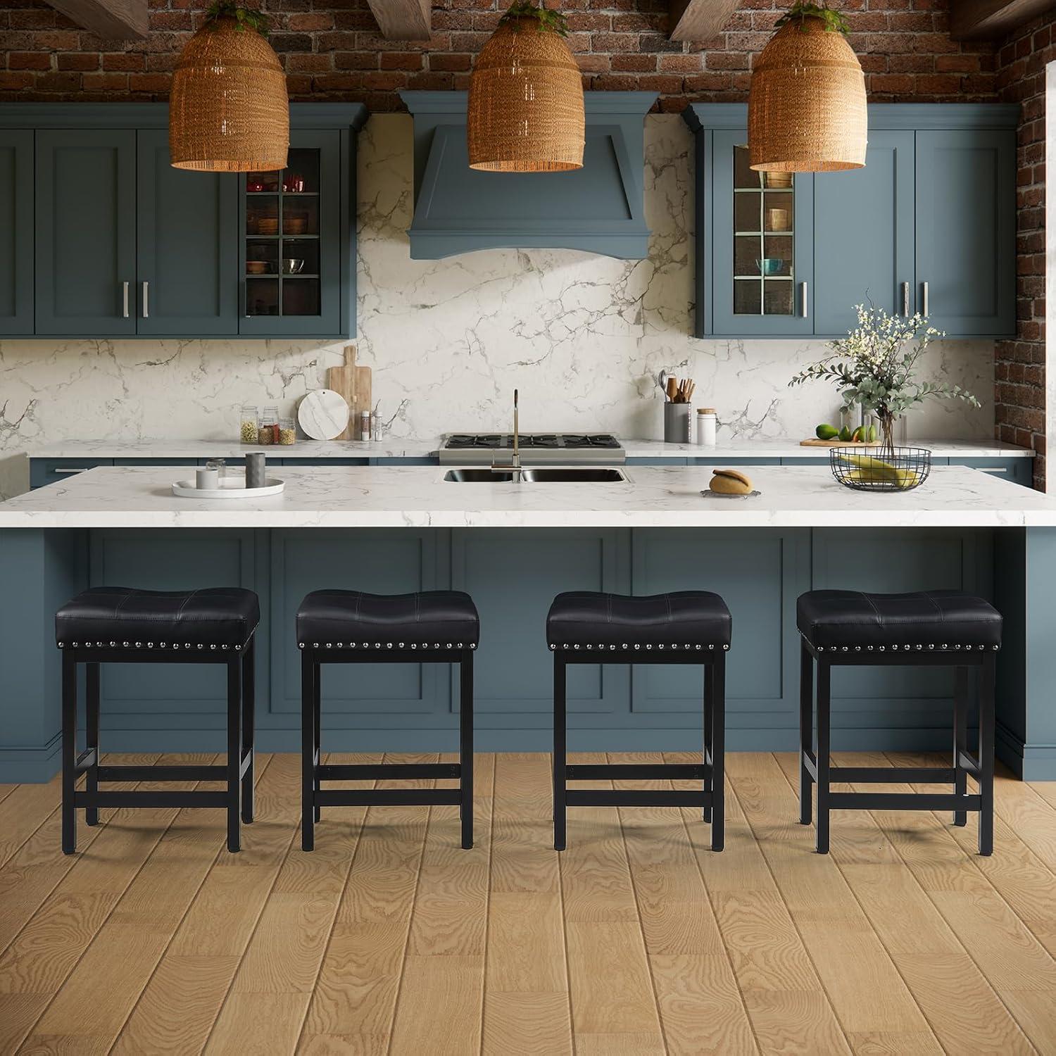 edx Bar Stools Set of 4, Modern Counter Height, 24 Inch Kitchen Barstools with Metal Base, PU Leather Saddle Seats for Kitchen Island, Black