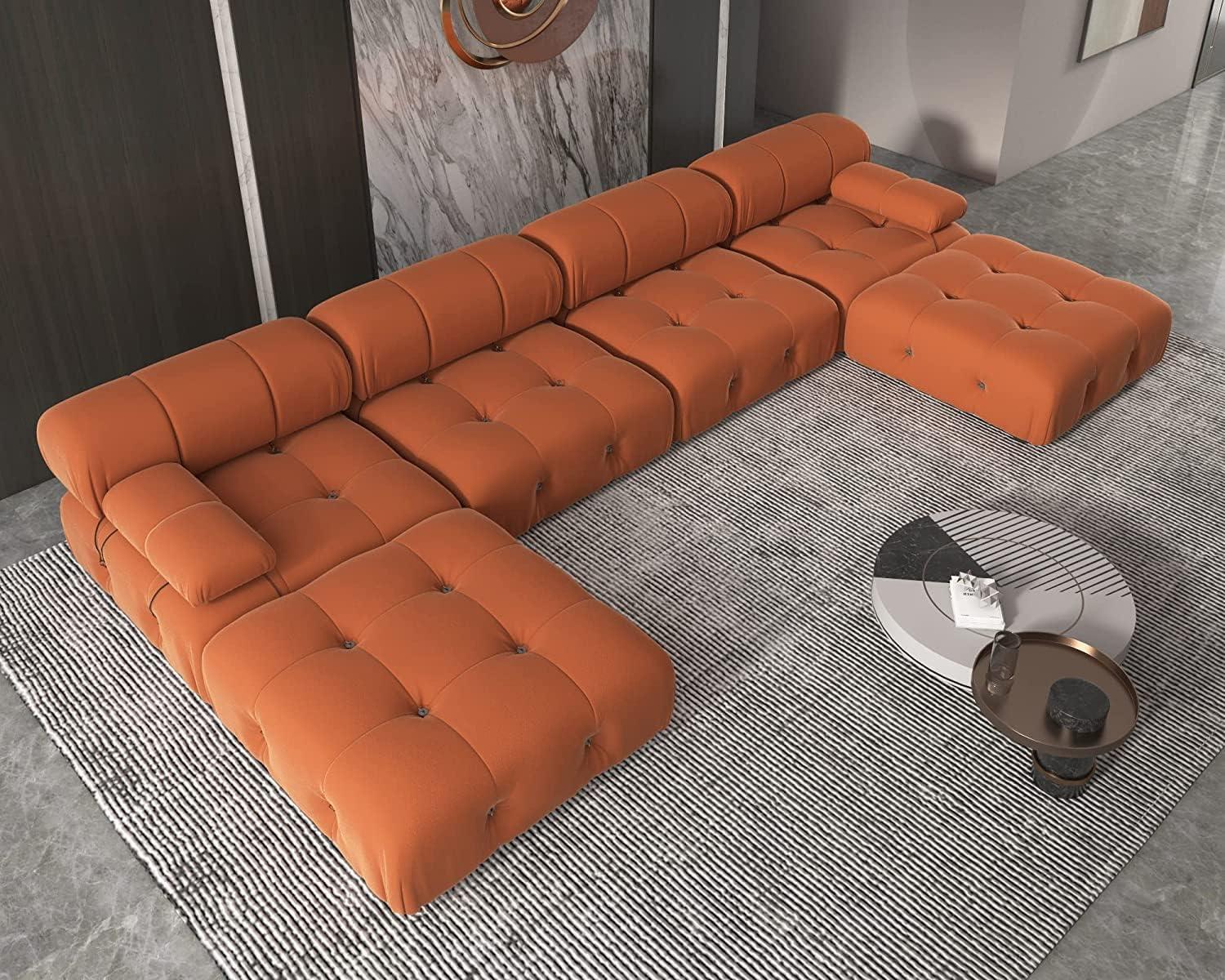 JACH U-Shaped Modular Sectional Couch, 138"" Minimalist Velvet Sofas, Convertible Couches, Mid-Century Modern Sectional Sofa with Chaise Ottomans for Living Room Apartment (Orange), 105OR-U-U