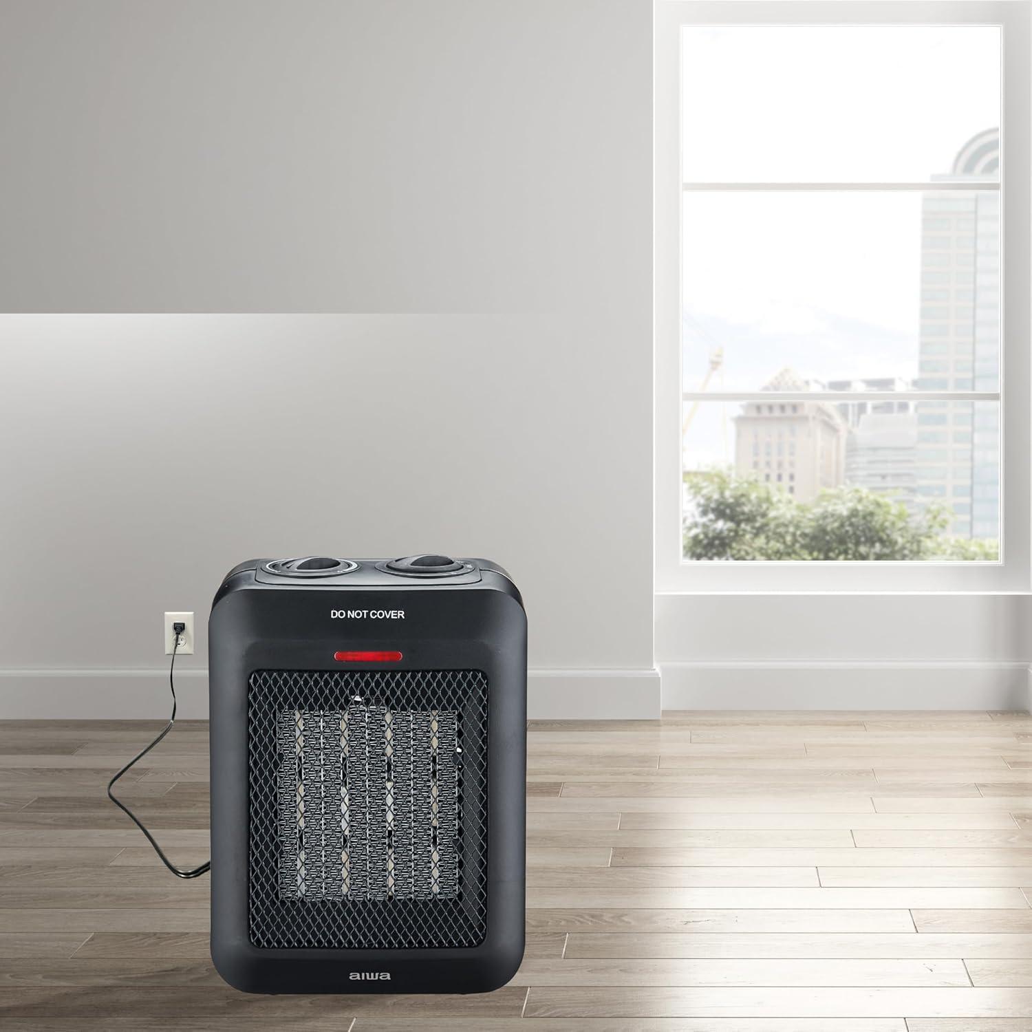 Aiwa 1500W Small Ceramic Room Heater, Overheat Protection, Tip over Auto Shutoff - Black