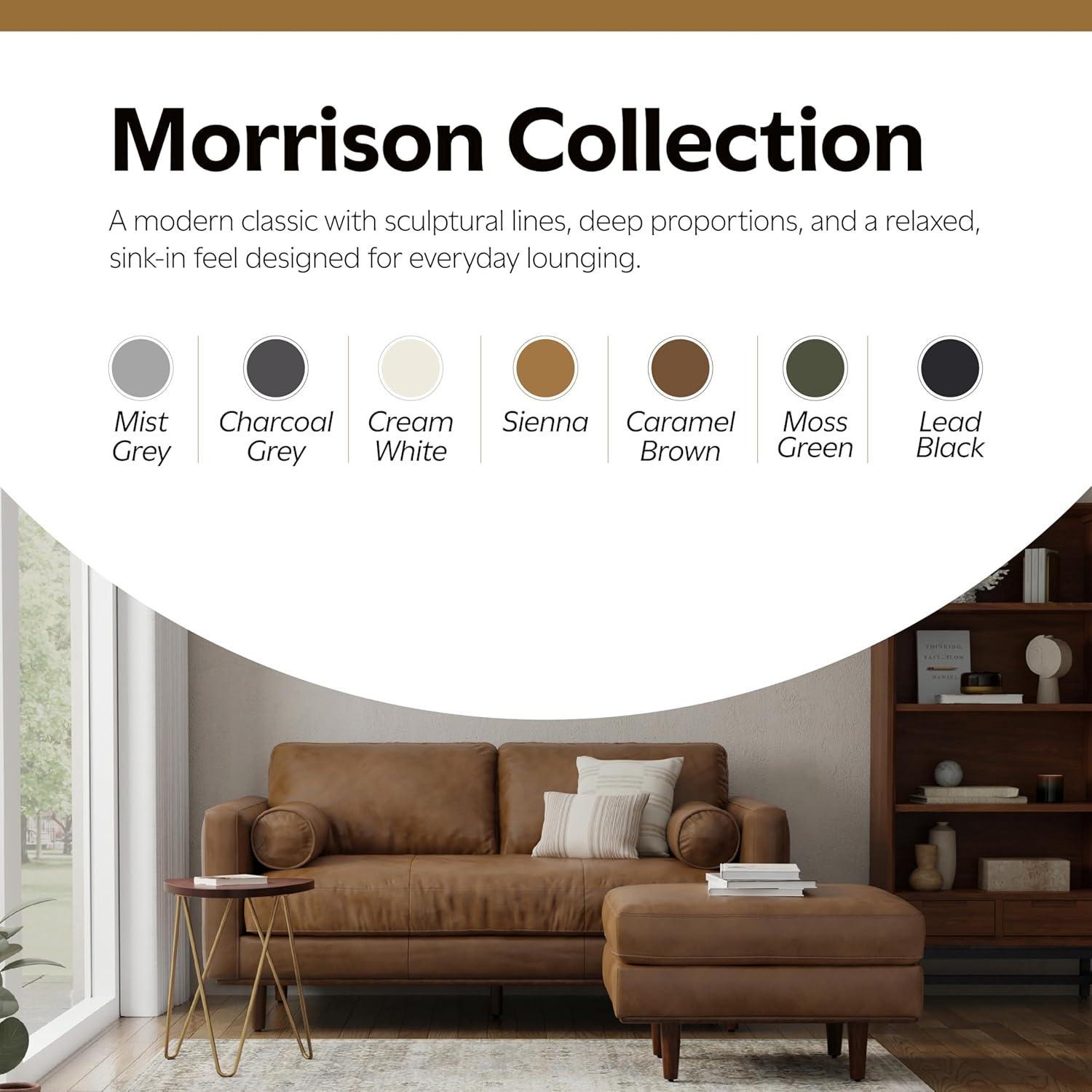 Simpli Home Morrison Genuine Leather Sofa, Mid-Century Modern Couch for Living Room, Handcrafted with Removable Cushions