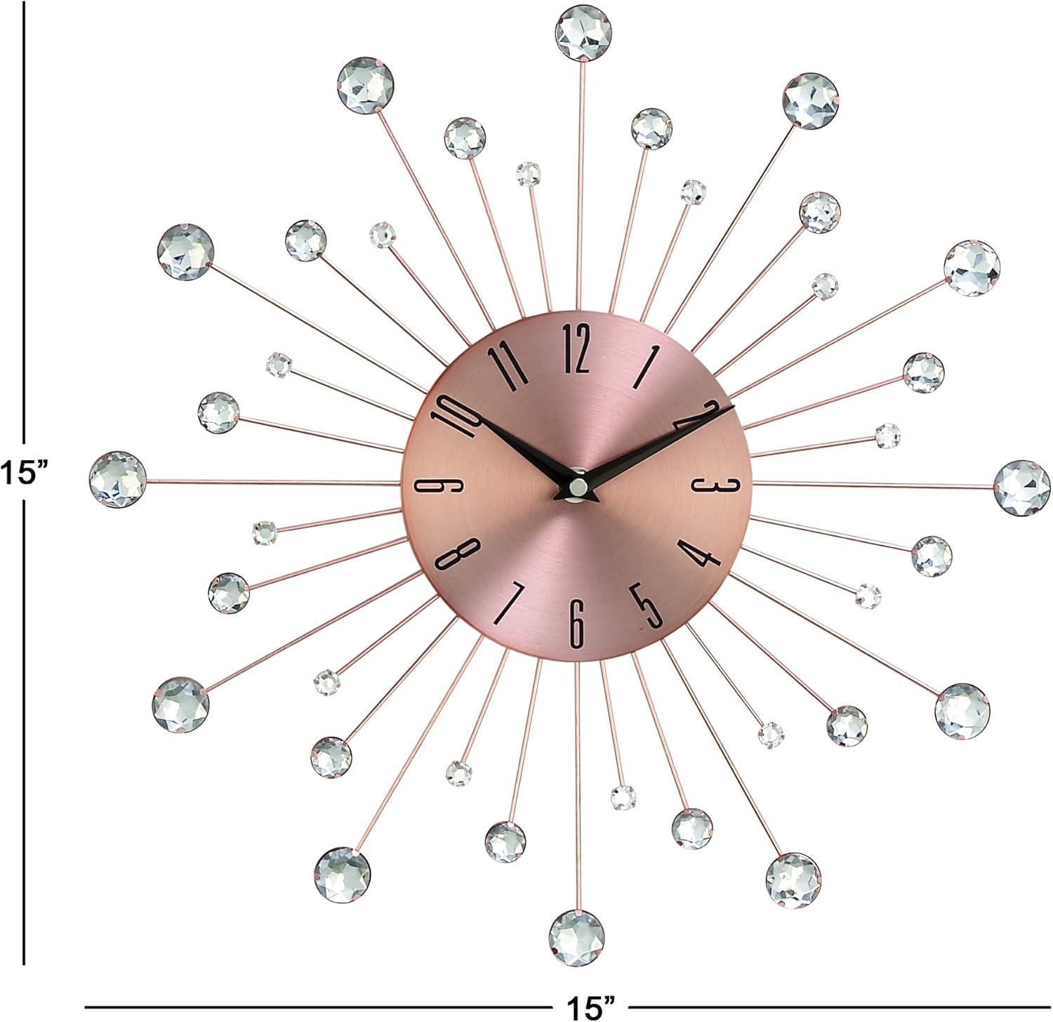 DecMode 15" Copper Metal Starburst Wall Clock with Crystal Accents