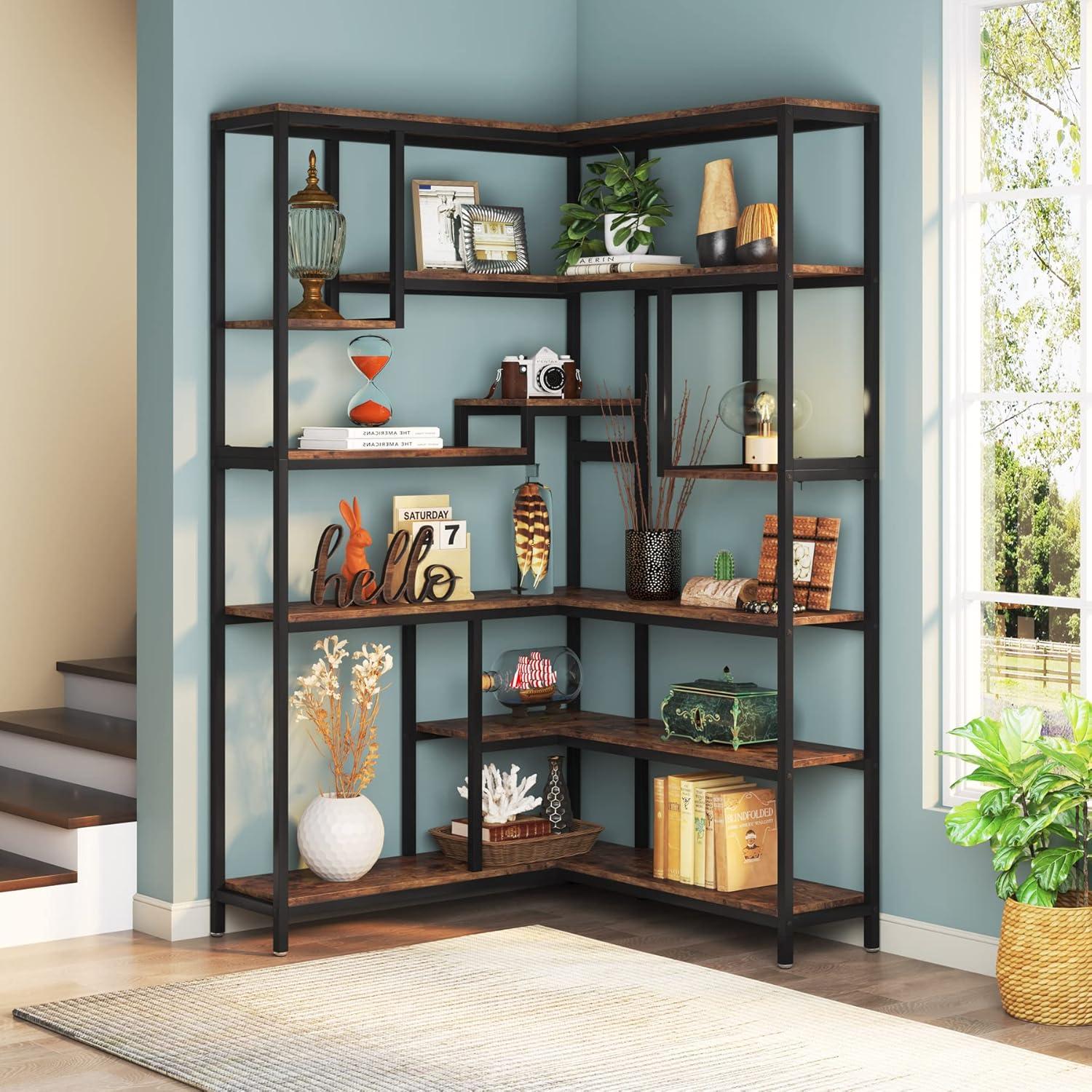 Rustic Brown 6-Tier Corner Bookshelf with Black Metal Frame