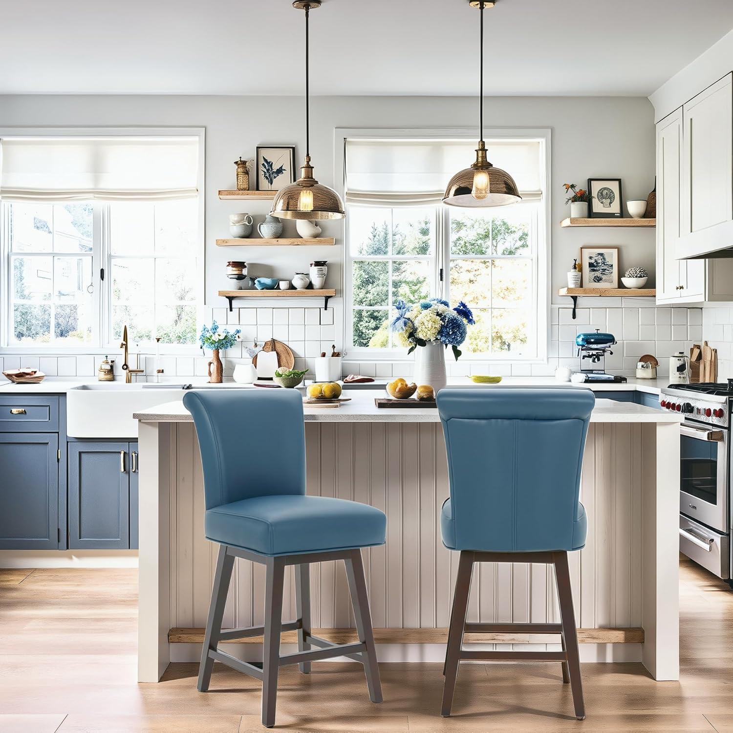 Swivel Bar Stools Set of 2 with Thicker Wood Legs,26" Counter Height Bar Stools,Faux Leather,Blue