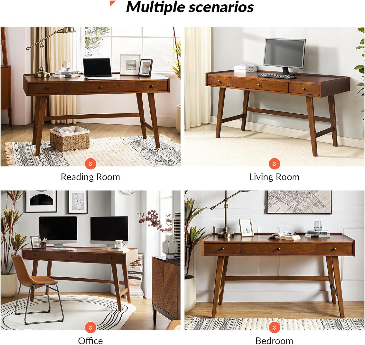 Walnut Mid-Century Modern Desk with Acorn Rubber Wood Legs and Power Outlet