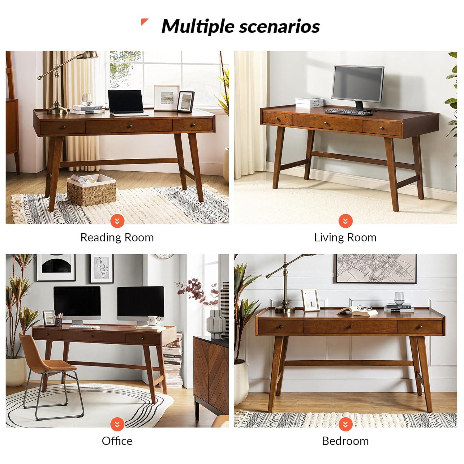 Walnut Mid-Century Modern Desk with Acorn Rubber Wood Legs and Power Outlet