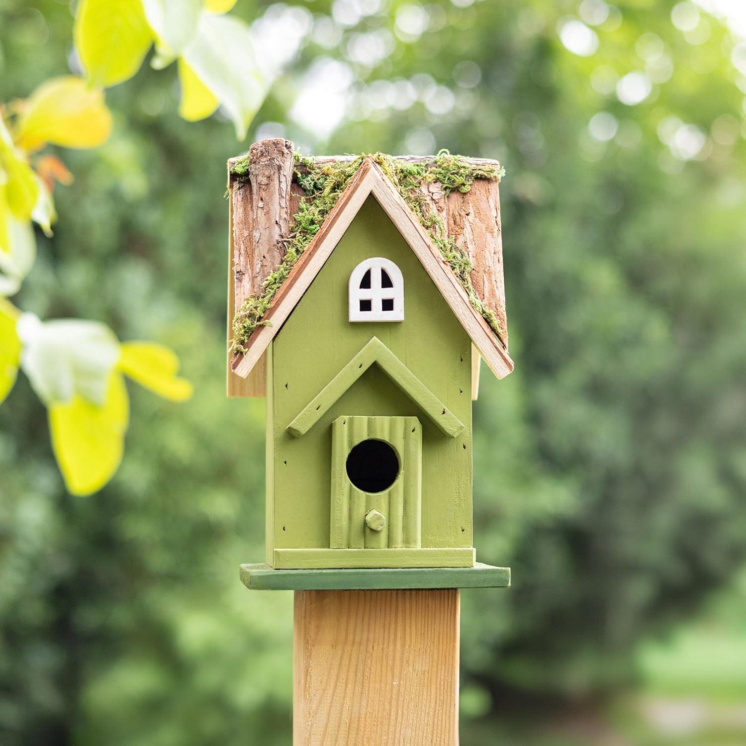 MEKKAPRO Rustic Handcrafted Wooden Birdhouse with Natural Moss Detail - Inviting Garden Sanctuary for Birds