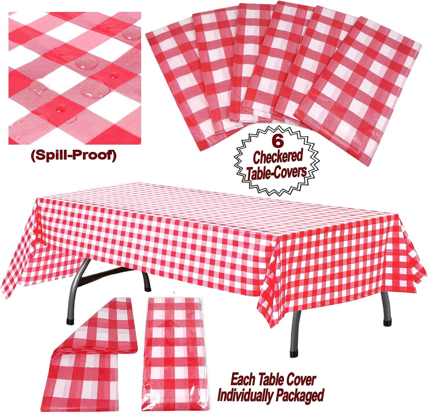 Red and White Rectangular Plastic Checkered Tablecloth Set