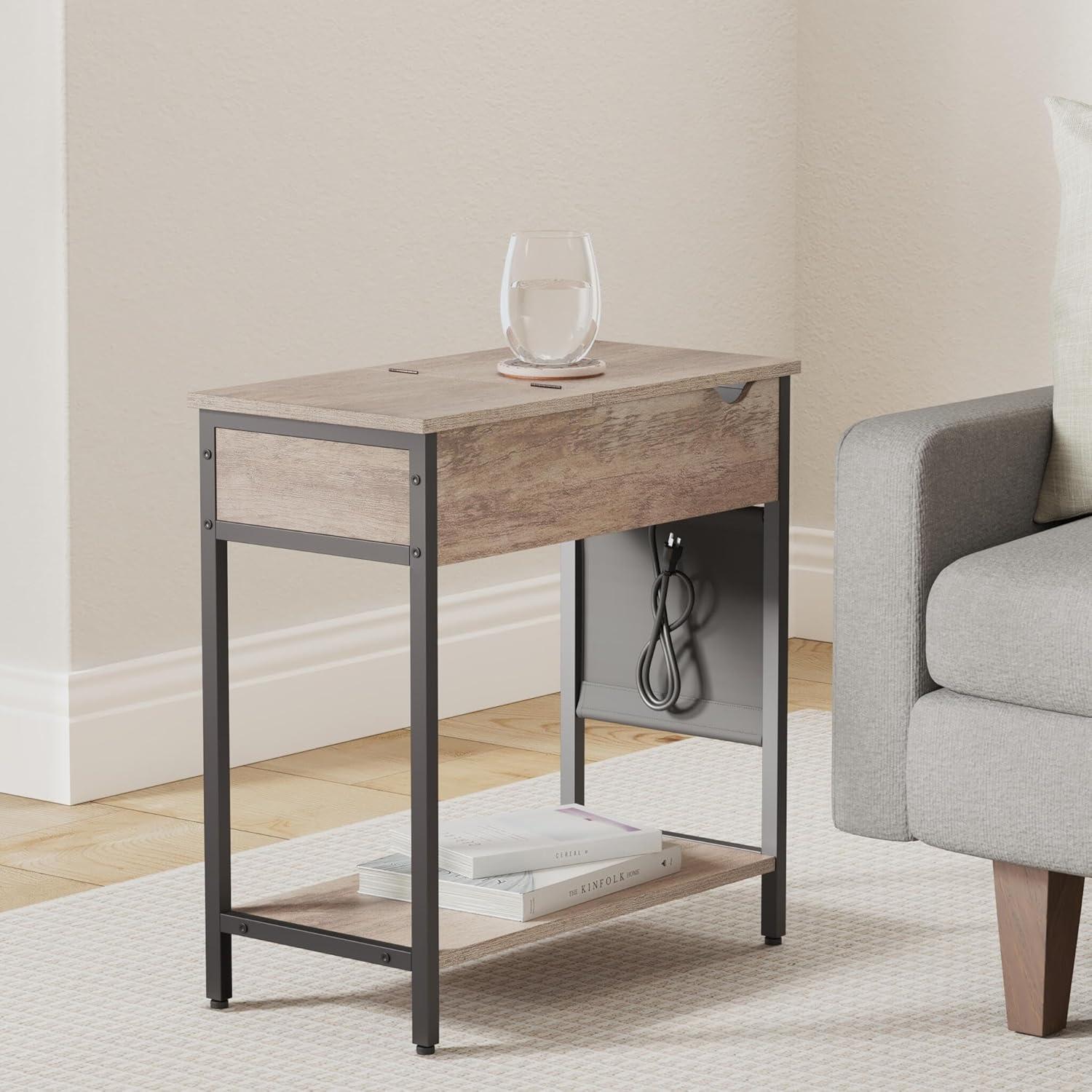 Greige and Black Steel Frame Side Table with Storage and Charging Station