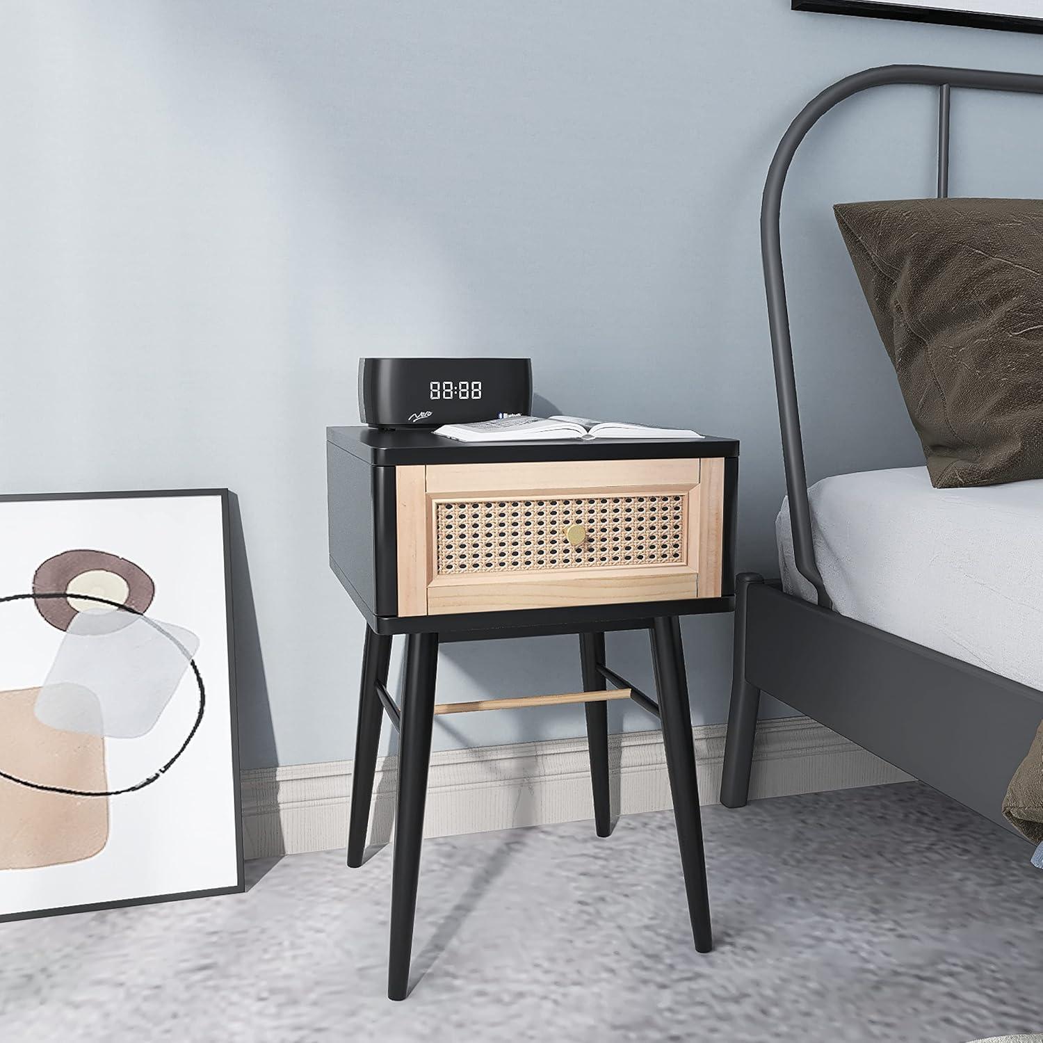 Fully-Assembled Modern Farmhouse Clean-Lined Nightstand, End Table with 1 Drawer, Black