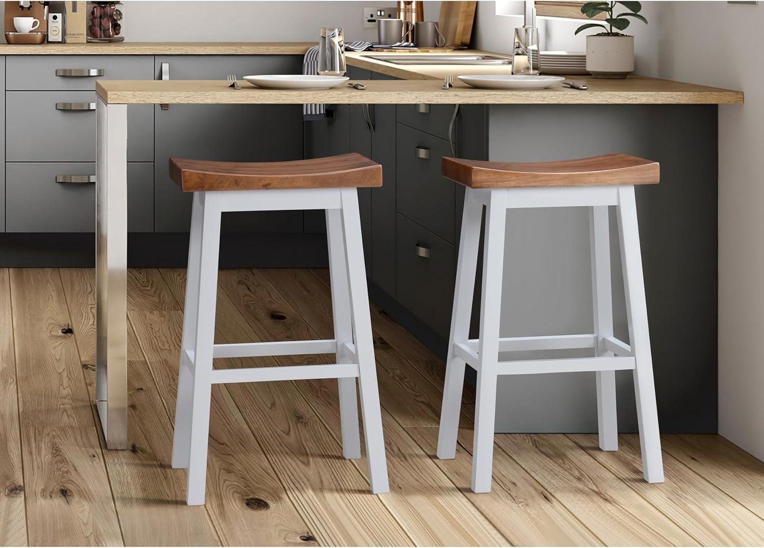 Lakewood 29" White and Walnut Saddle Barstools, Set of 2