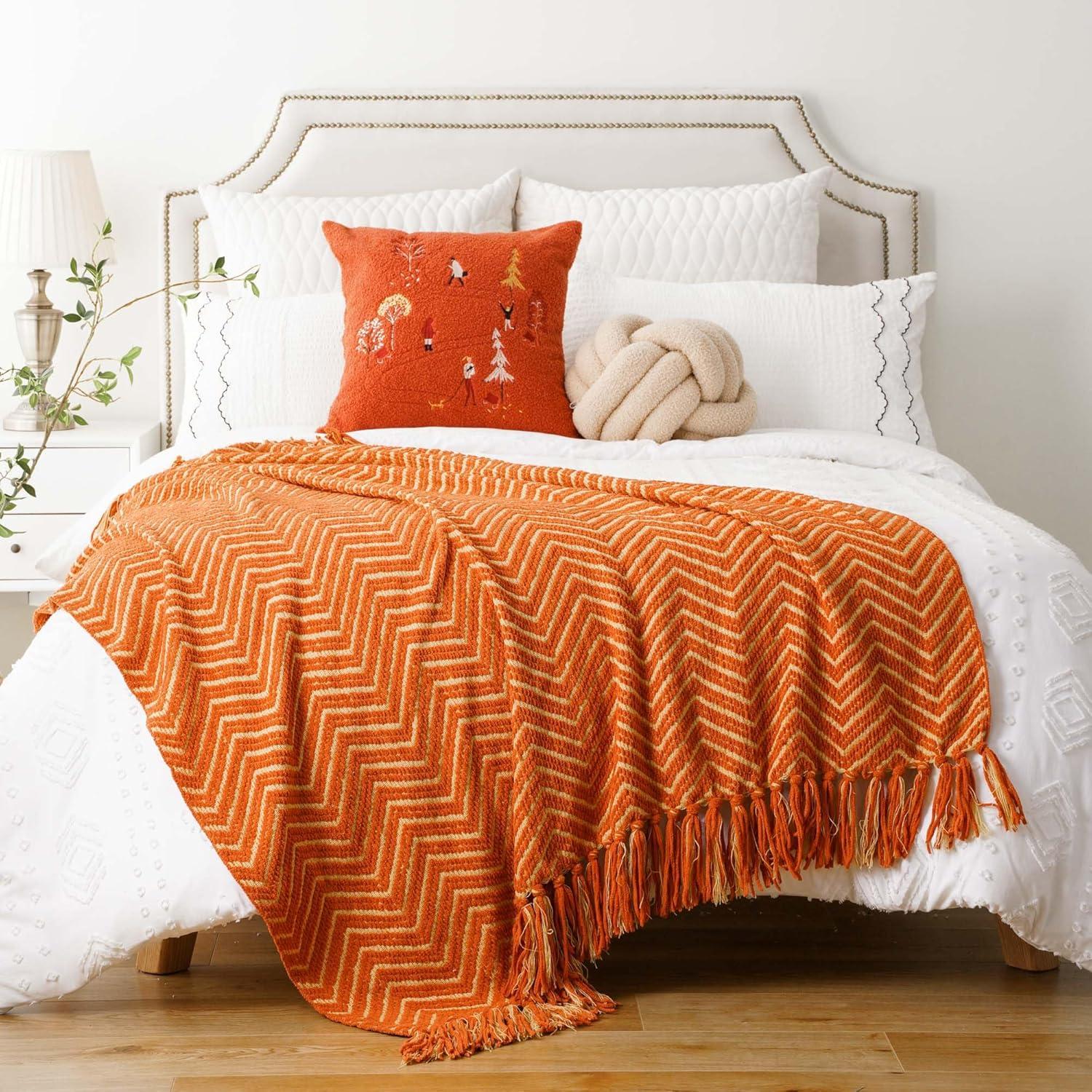 Orange Knitted Reversible Chenille Throw Blanket with Fringe, 50"x60"