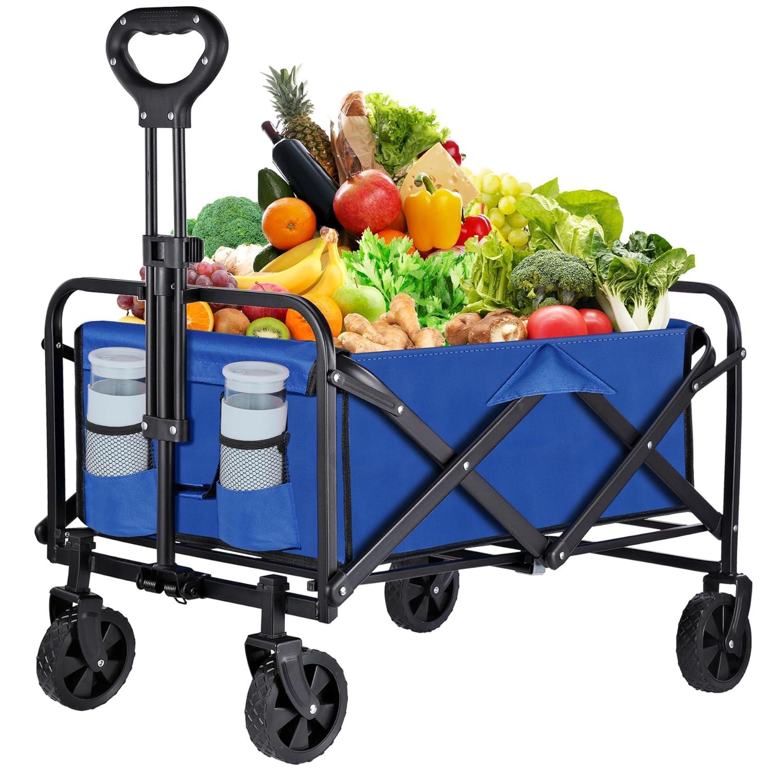 Clearance! Outdoor Utility Wagon Cart with Cup Holdler, Large Capacity Folding Wagon Garden Shopping Beach Cart,Heavy Duty Foldable Cart, for Outdoor Activities, Beaches, Parks, Camping (Blue)