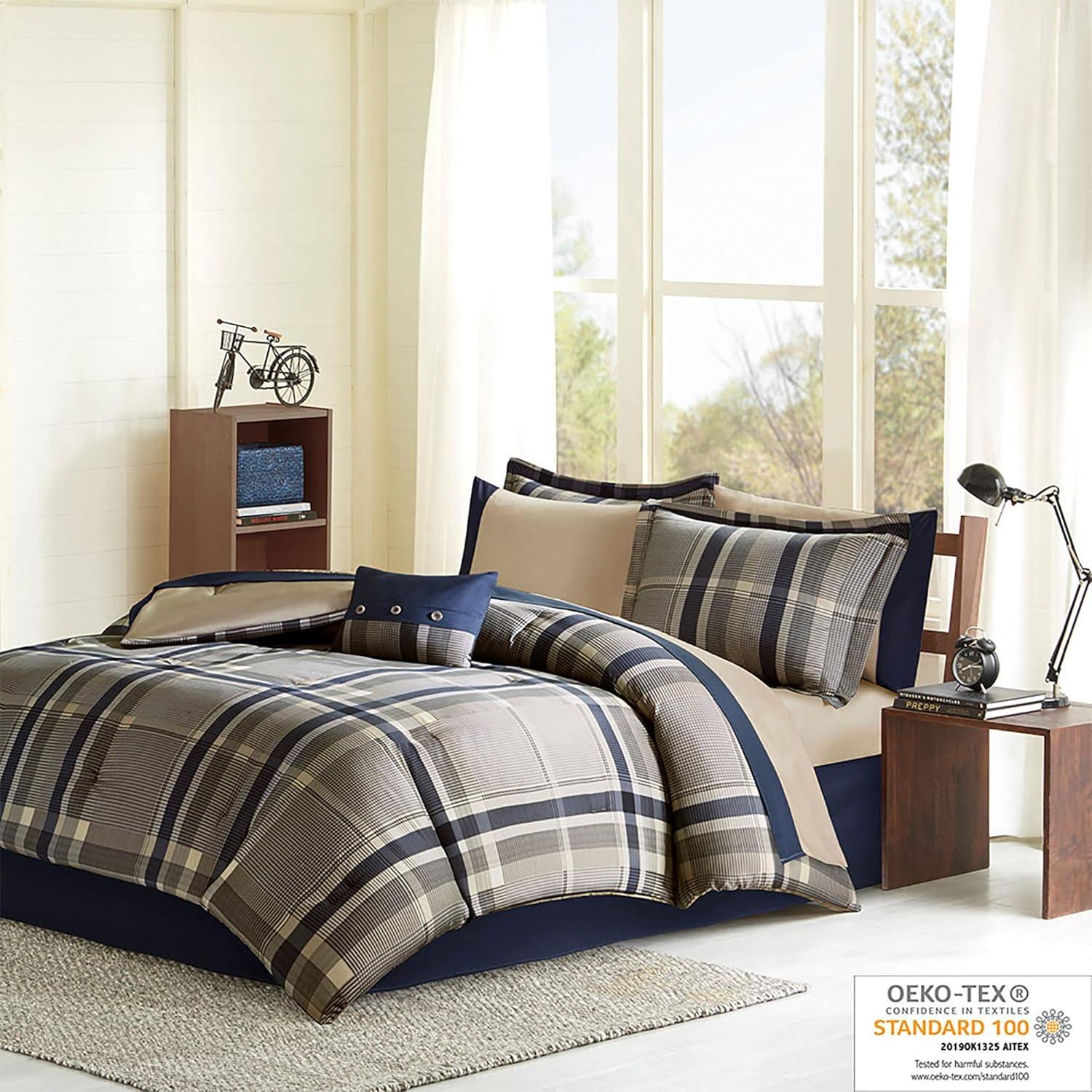 Intelligent Design Rick Plaid Print Antimicrobial Comforter Set with Bed Sheet Navy