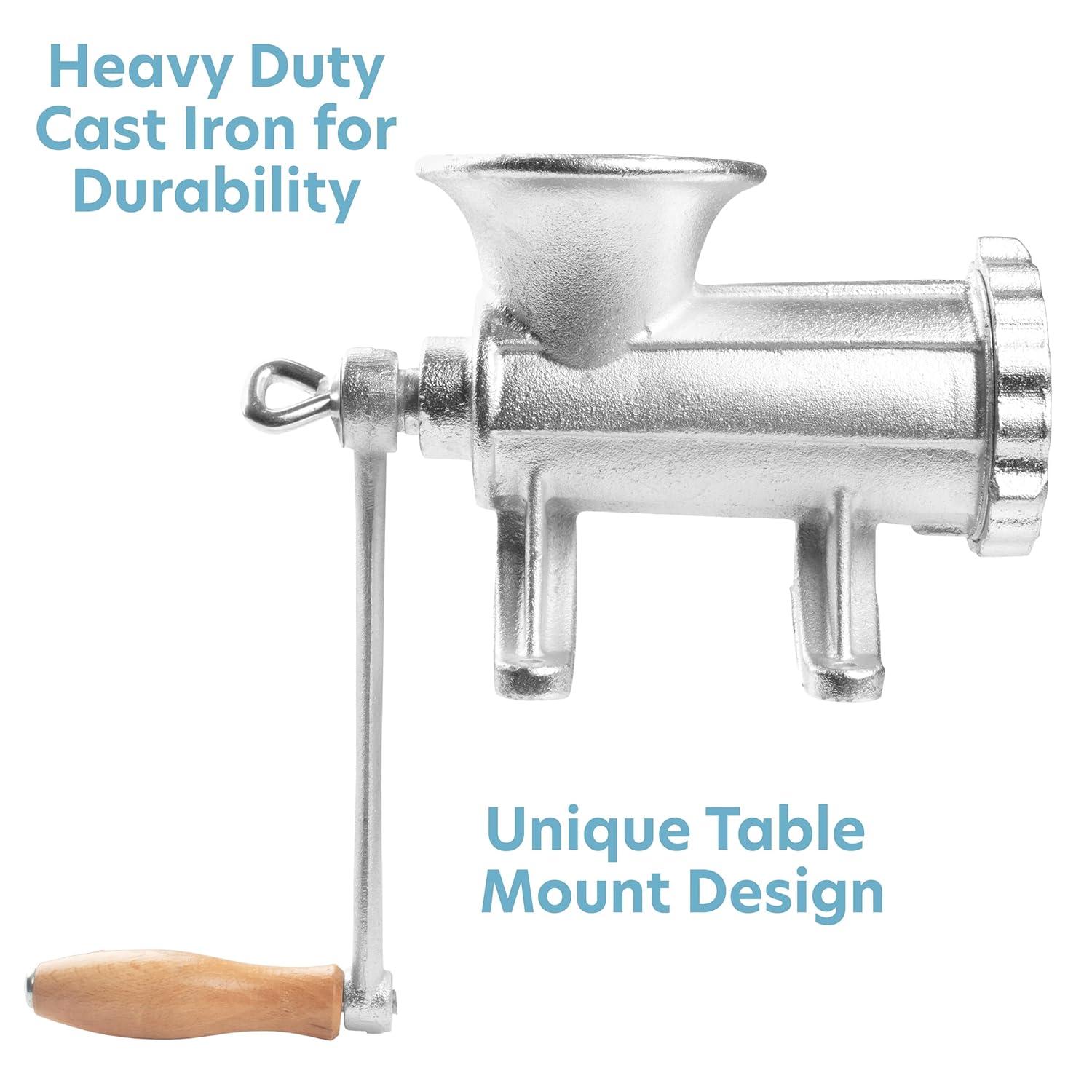 Cast Iron Table Mount Meat Grinder - Manual Mincer w Two 3/4" Cutting Disks & Sausage Stuffer Funnel - Make Homemade Burgers, Cooking Tool Must Have