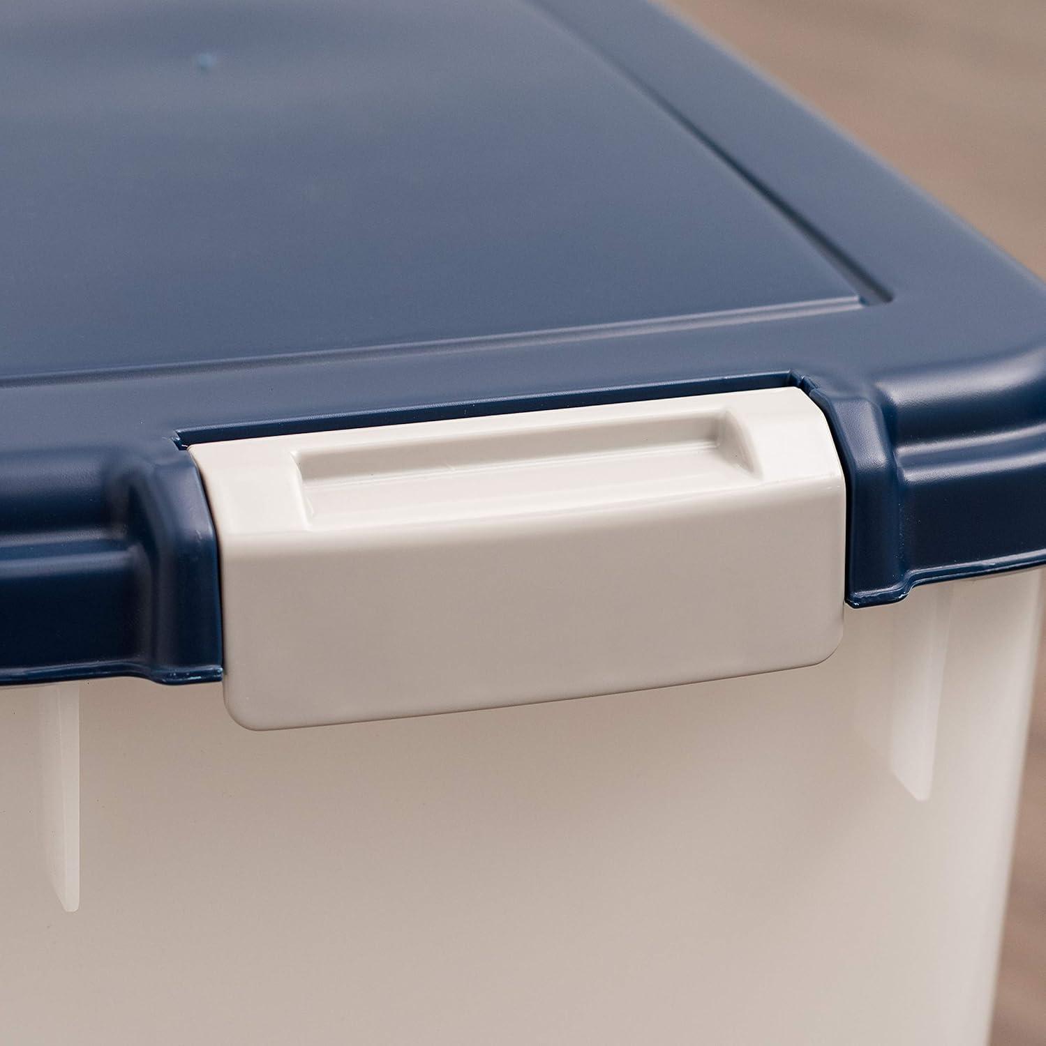 IRIS USA 37.5 Lbs / 47 Qt WeatherPro Airtight Pet Food Storage Container with Attachable Casters, Navy/Pearl