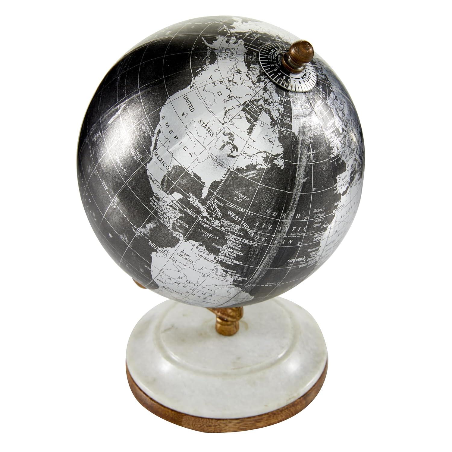 DecMode 5" Small Black World Map Globe with Silver Continents and White Marble Base
