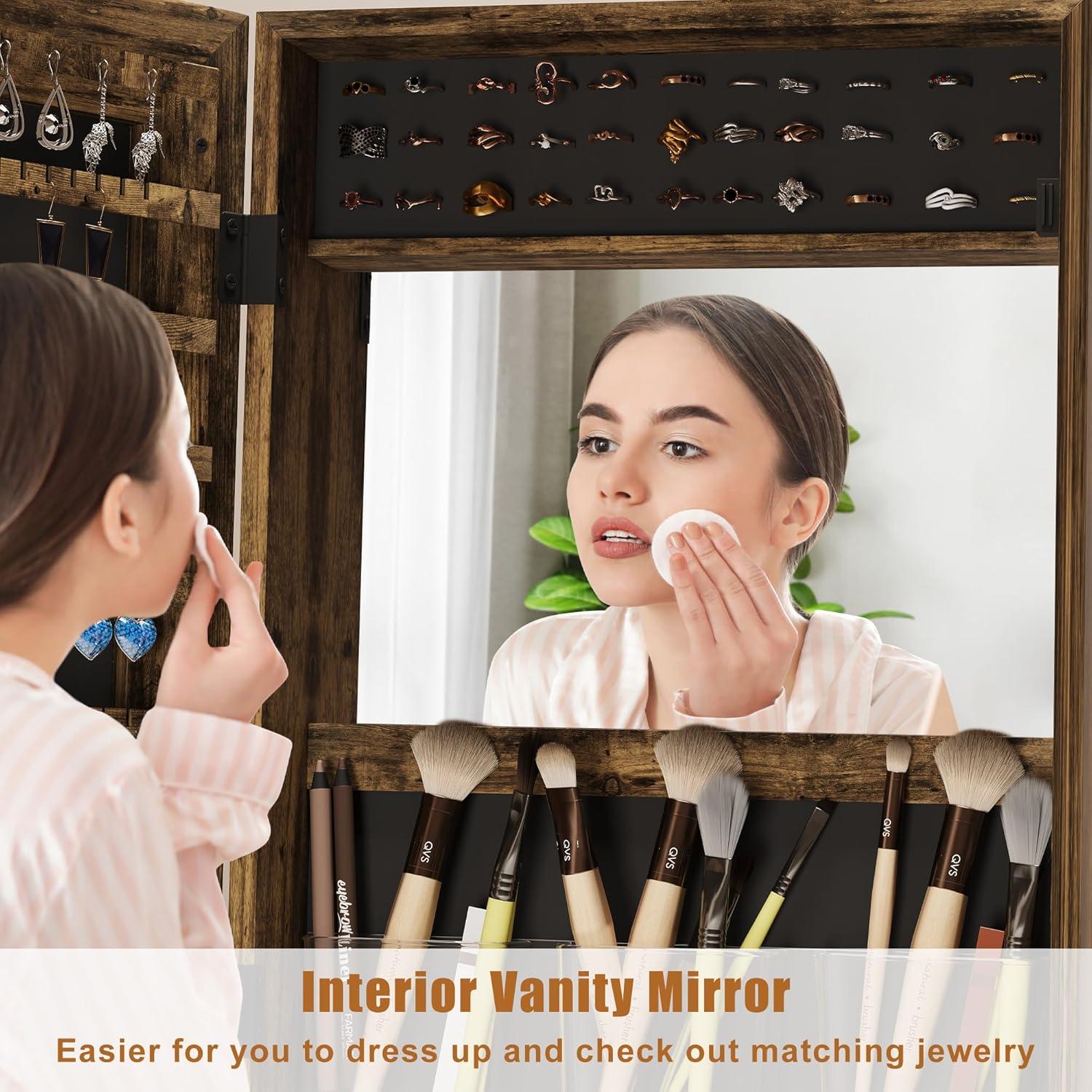 Garvee 360¡ã Swivel Jewelry Armoire, 66" H Floor Standing Locking with Full Length Mirror, Inside Makeup Mirror, Rear Storage Shelves, Brown