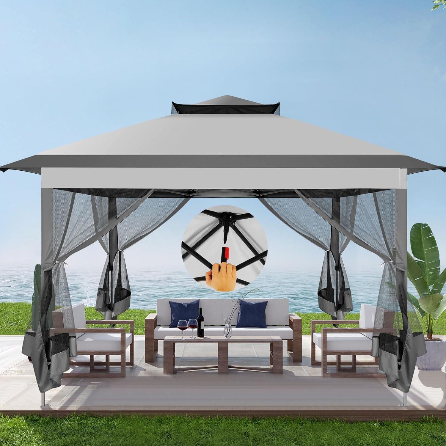 COBIZI Outdoor Canopy Gazebo 11x11 Pop up Gazebo Patio Gazebo with Mosquito Netting Outdoor Canopy Shelter with 121 Square feet of Shade for Outdoor Lawn, Garden, Backyard and Deck, Gray