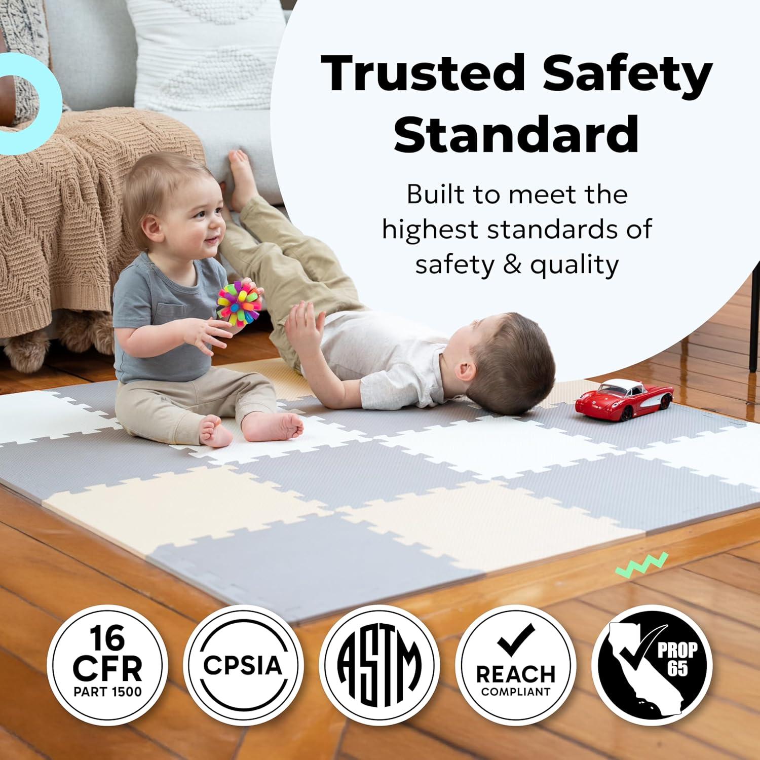 MioTetto Non-Toxic Foam Play Mat for Babies & Kids, Interlocking Puzzle Tiles, Cream-Gray-Beige, 18 Pieces – Perfect for Tummy Time, Crawling, Nursery, Playroom, or Gym