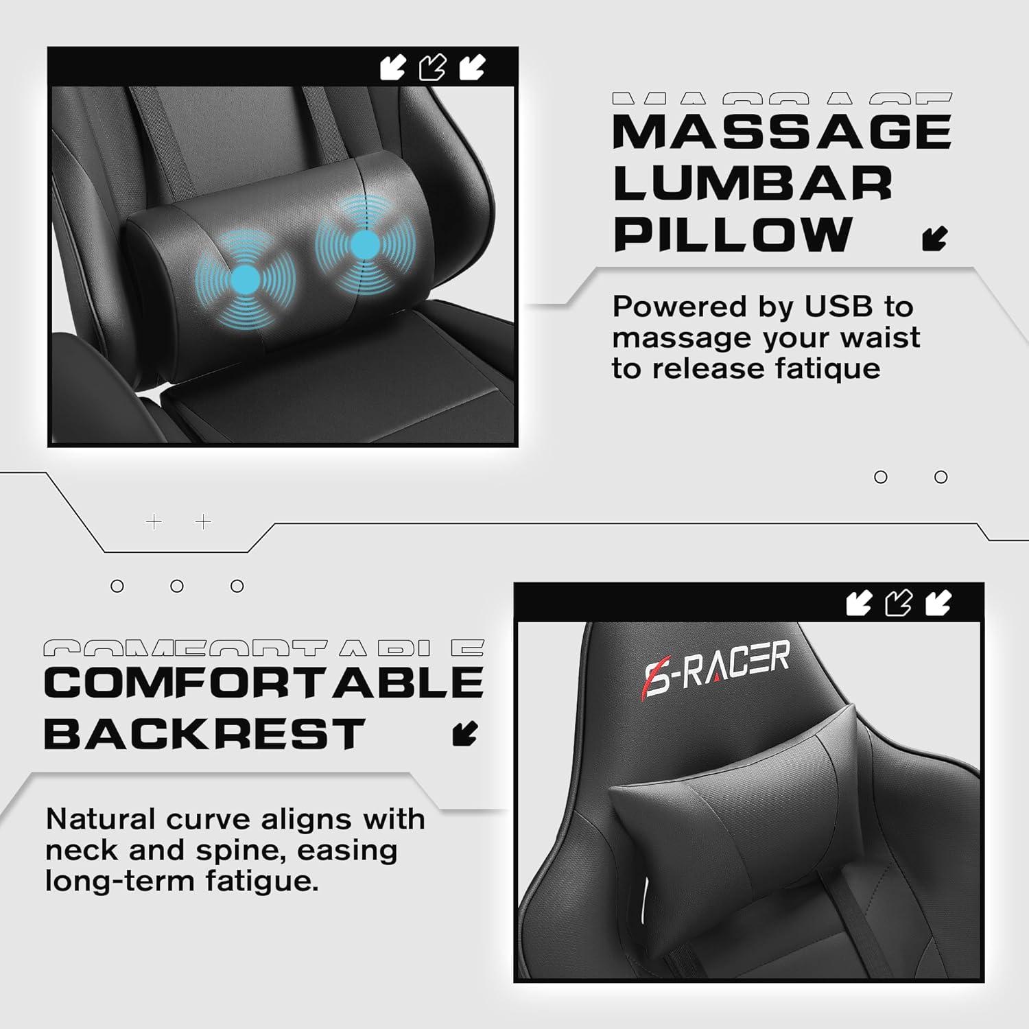 Killeryuki Gaming Chair Massage Computer Office Chair Ergonomic Desk Chair with Footrest Racing Executive Swivel Chair Adjustable Rolling Task Chair (Black)