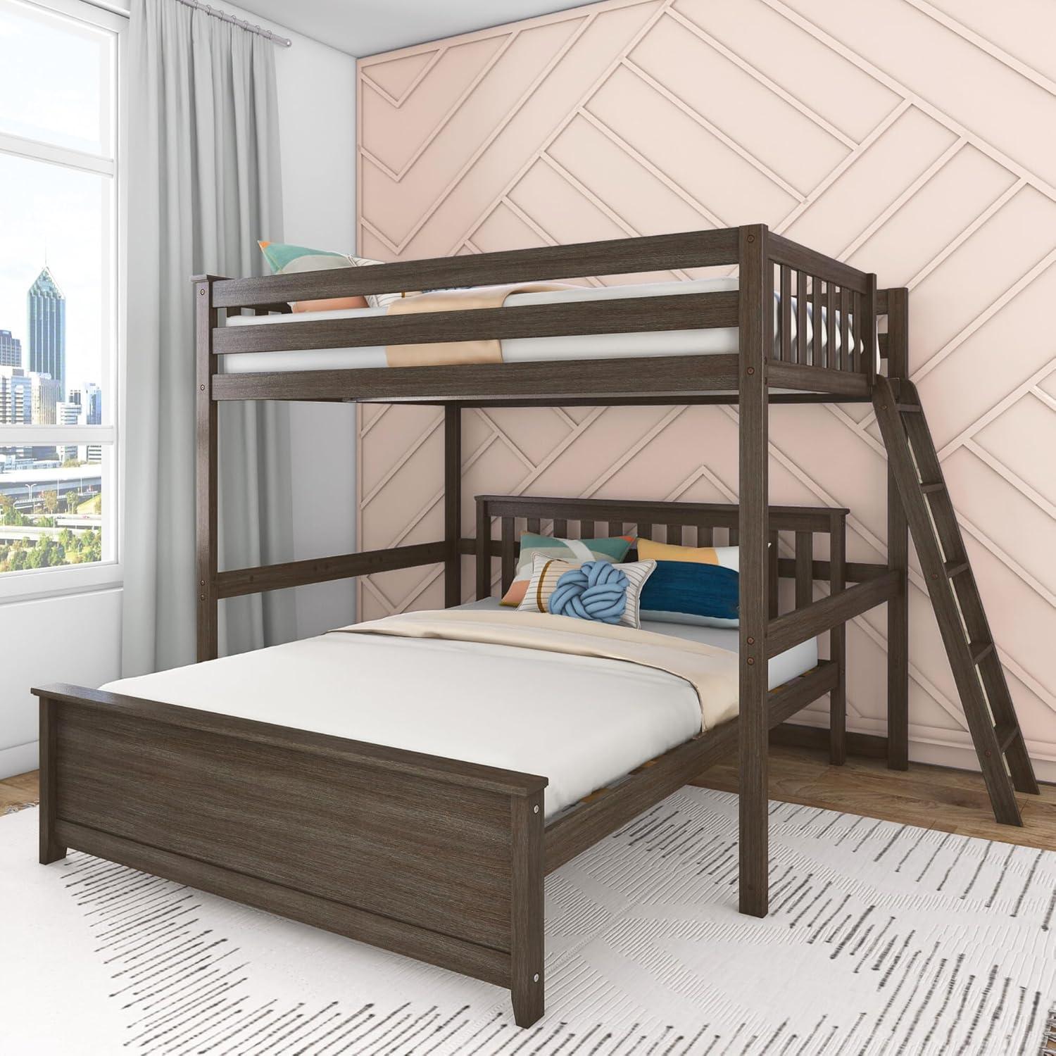 Max & Lily Bunk Bed, L Shaped Full-Over-Queen Bed Frame for Kids with Ladder on End, Solid Wood Bunk Bed for Kids, No Box Spring Needed, Pecan