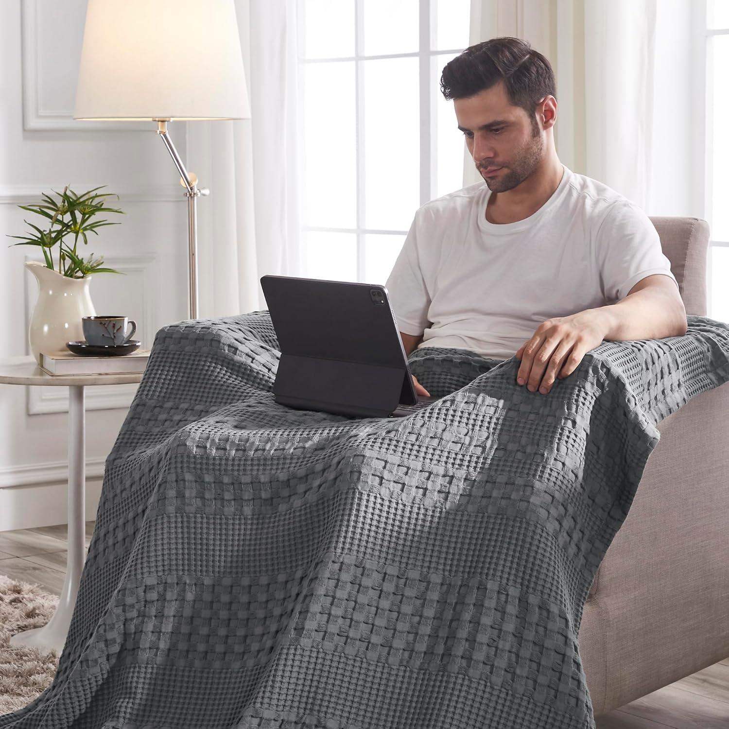 VHC Brands Waffle Weave Dark Grey Throw 50x60, Decorative Cotton Throw Blanket, Boho Farmhouse Bedroom, Living Room Decor for Bed, Couch, or Sofa