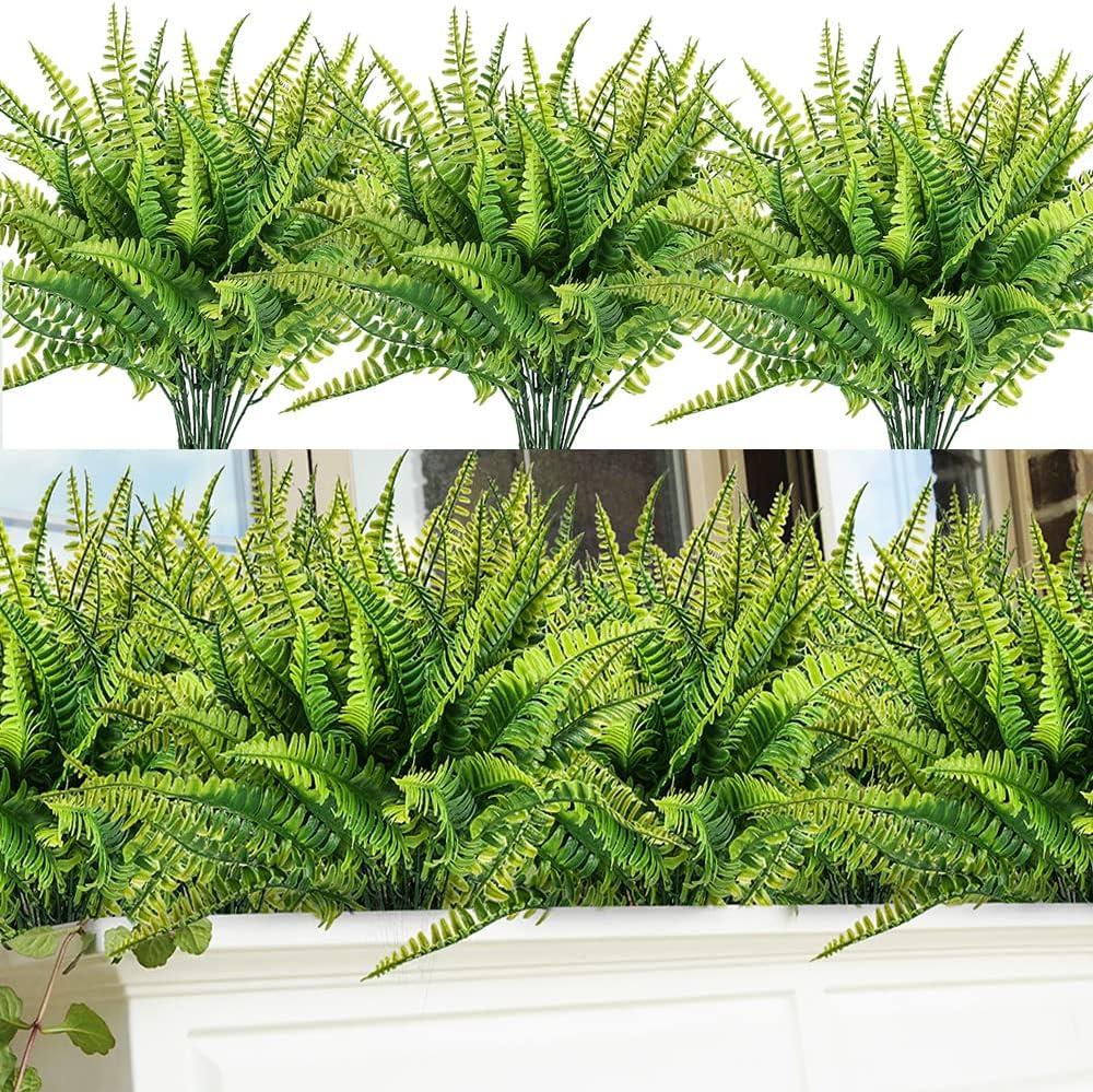 12pcs Artificial Flowers for Outdoor Fake Ferns Artificial Boston Fern Plant Artificial Ferns for Outdoor UV Resistant Plastic Plants (Green)