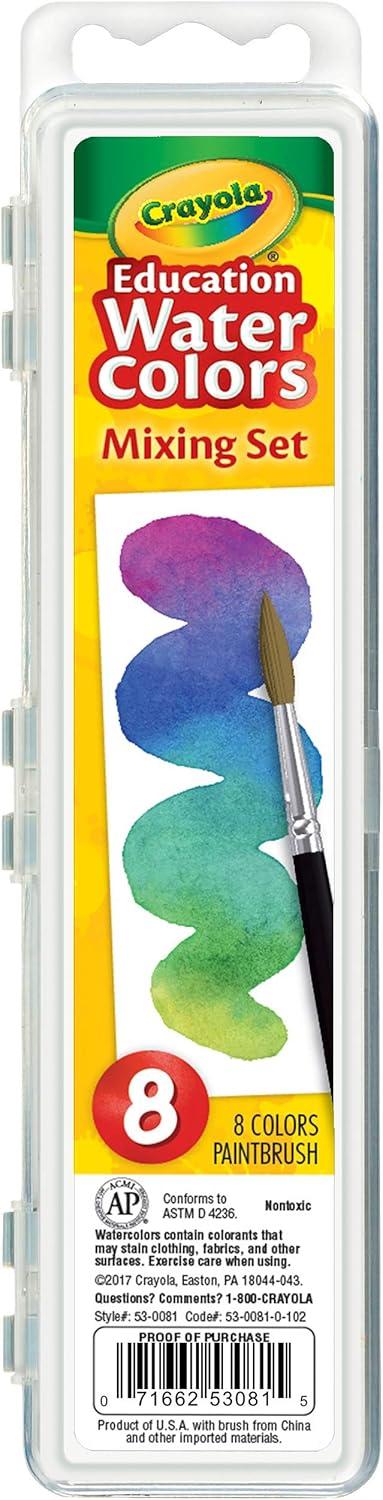 Crayola Education Non-Toxic Washable Watercolor Mixing Set, Plastic Oval Pan, Assorted Color, Set of 8