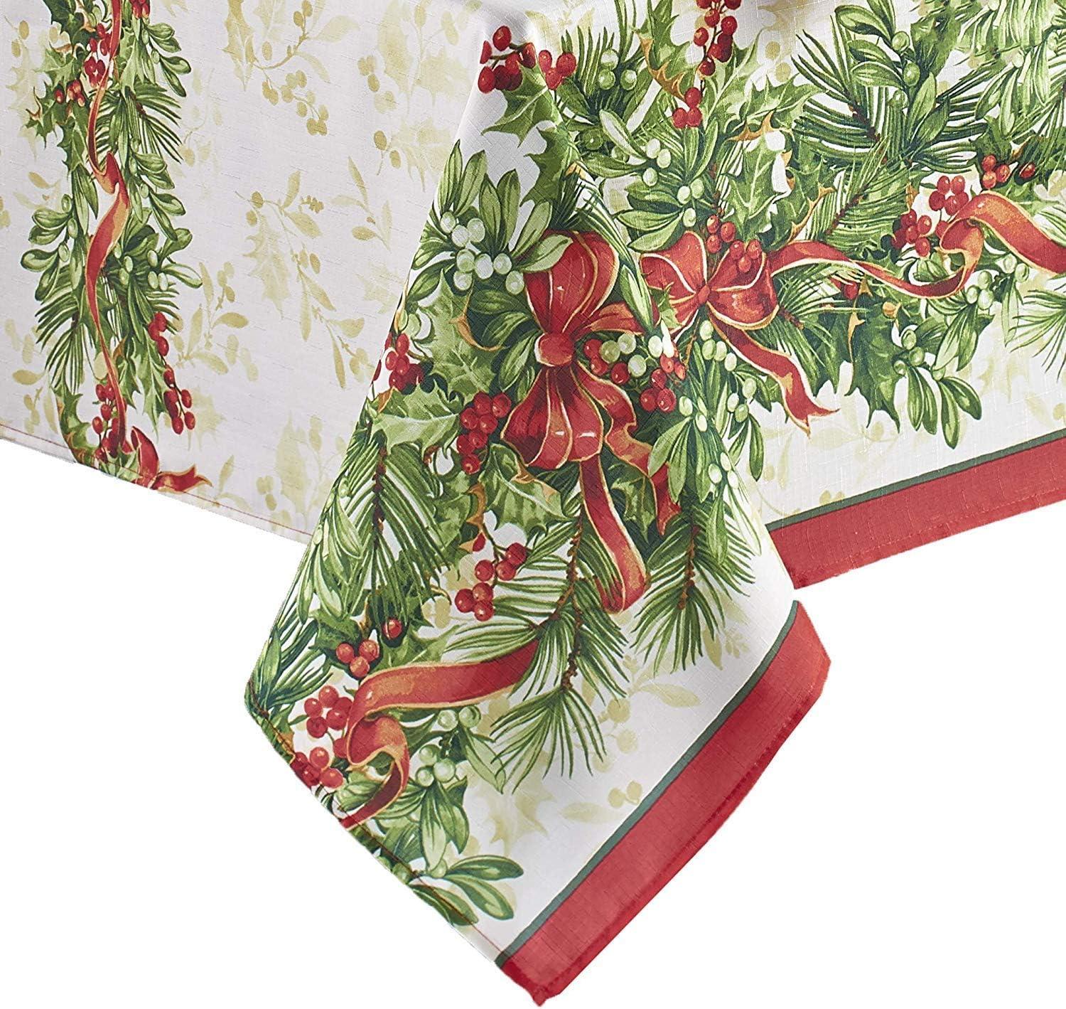 Christmas Holly Berry Ribbon Garland Traditions Bordered 52 x 70 inch Rectangle Fabric Tablecloth