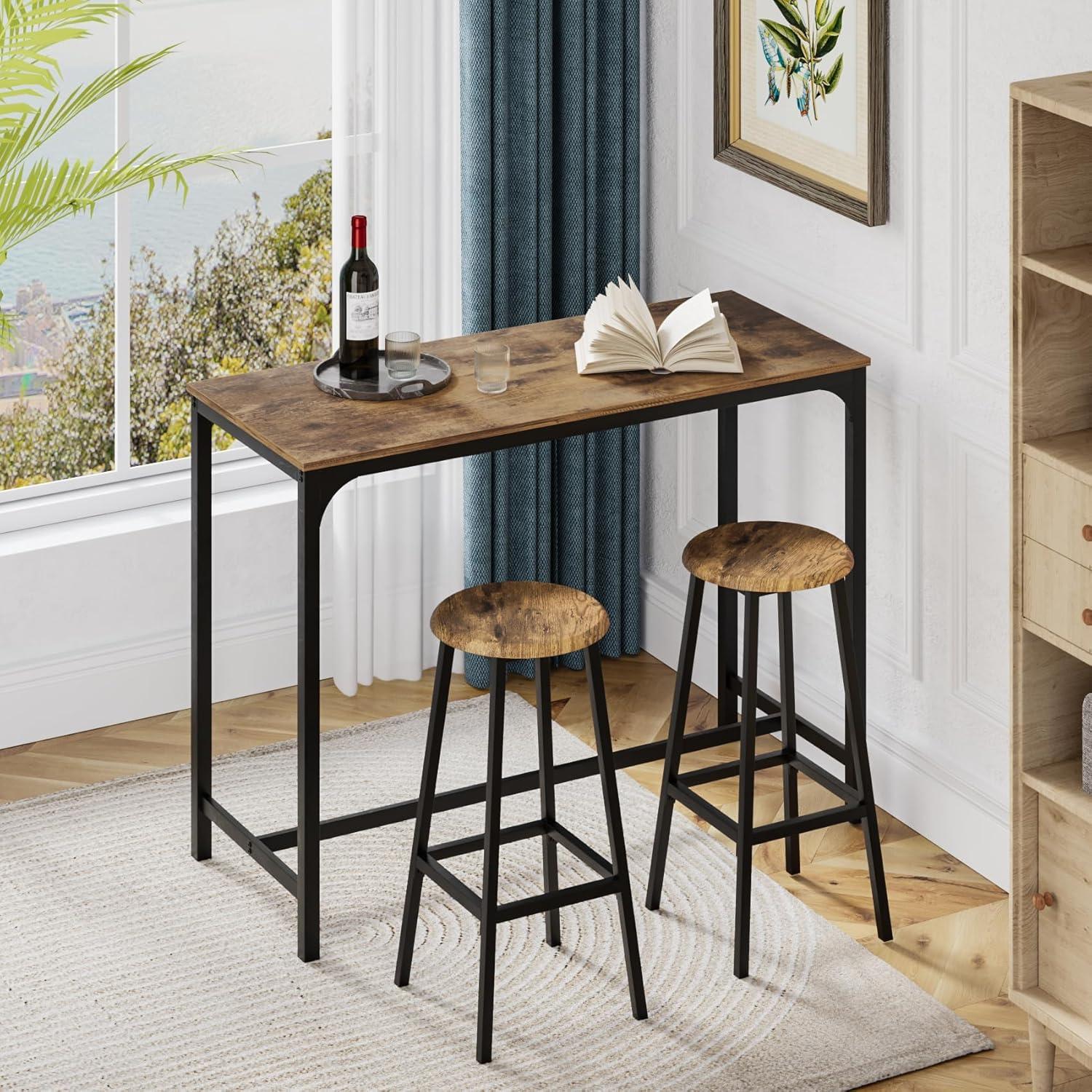 PAPROOS Bar Table Set for 2, 3 Pcs Pub Bistro Table and PU Upholstered Stools with Backrest, Industrial Counter Height Dining Table and Chairs for Kitchen Breakfast Nook Balcony, Rustic Brown