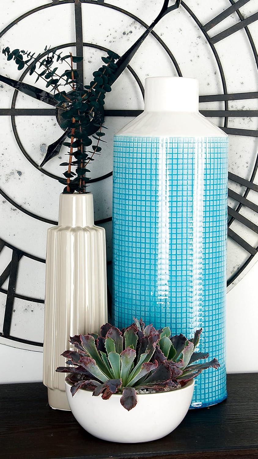 Decmode 20 Inch Contemporary Ceramic Blue and White Spouted Vase, Aqua Blue