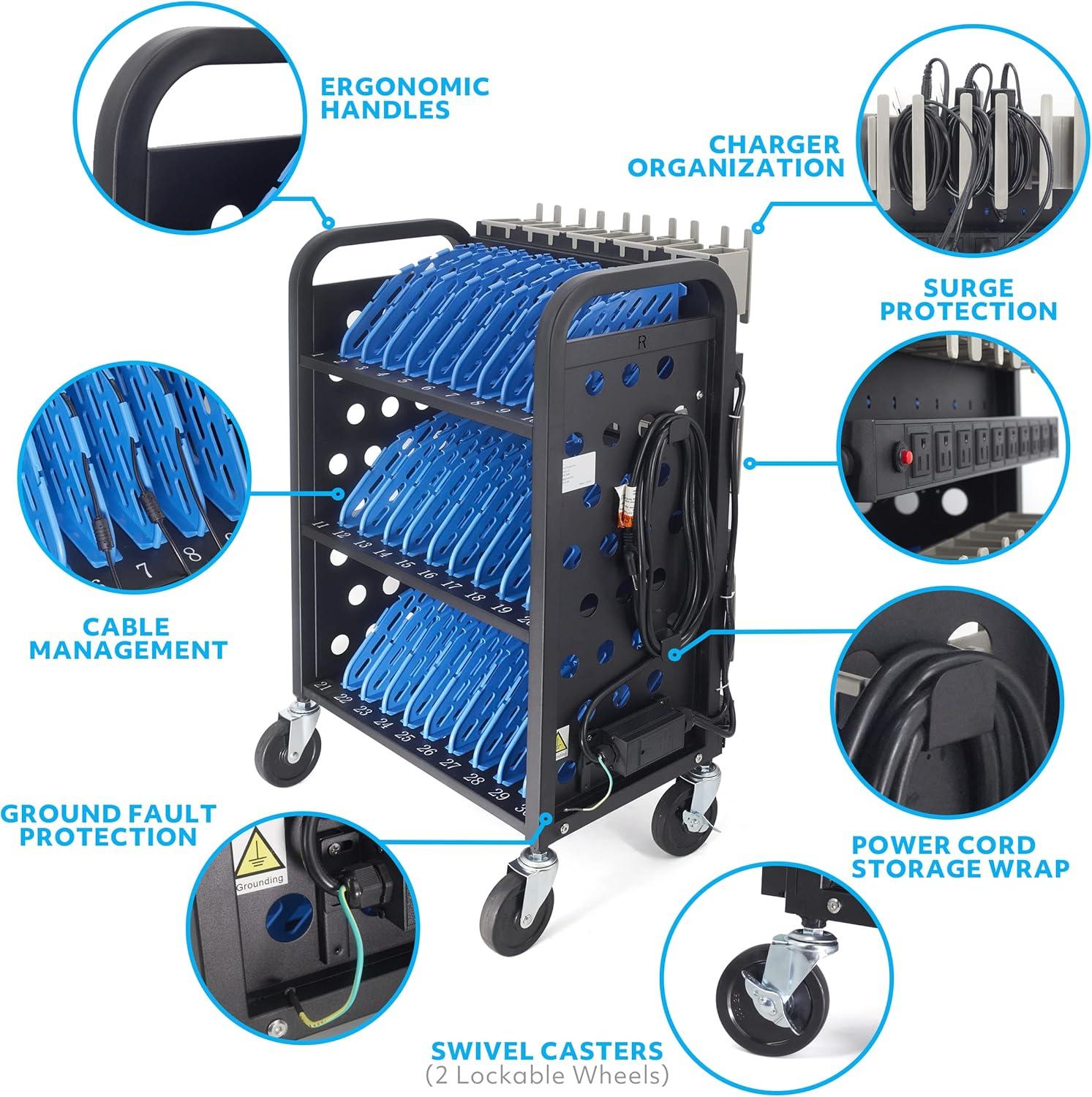 POCHAR 30-Device Chromebook Open Charging Cart, Charging Station Rack for 14" iPad, Laptop - Tablet Organizer Station for Classroom - Laptop Storage Cart with Cable and Charger Organization